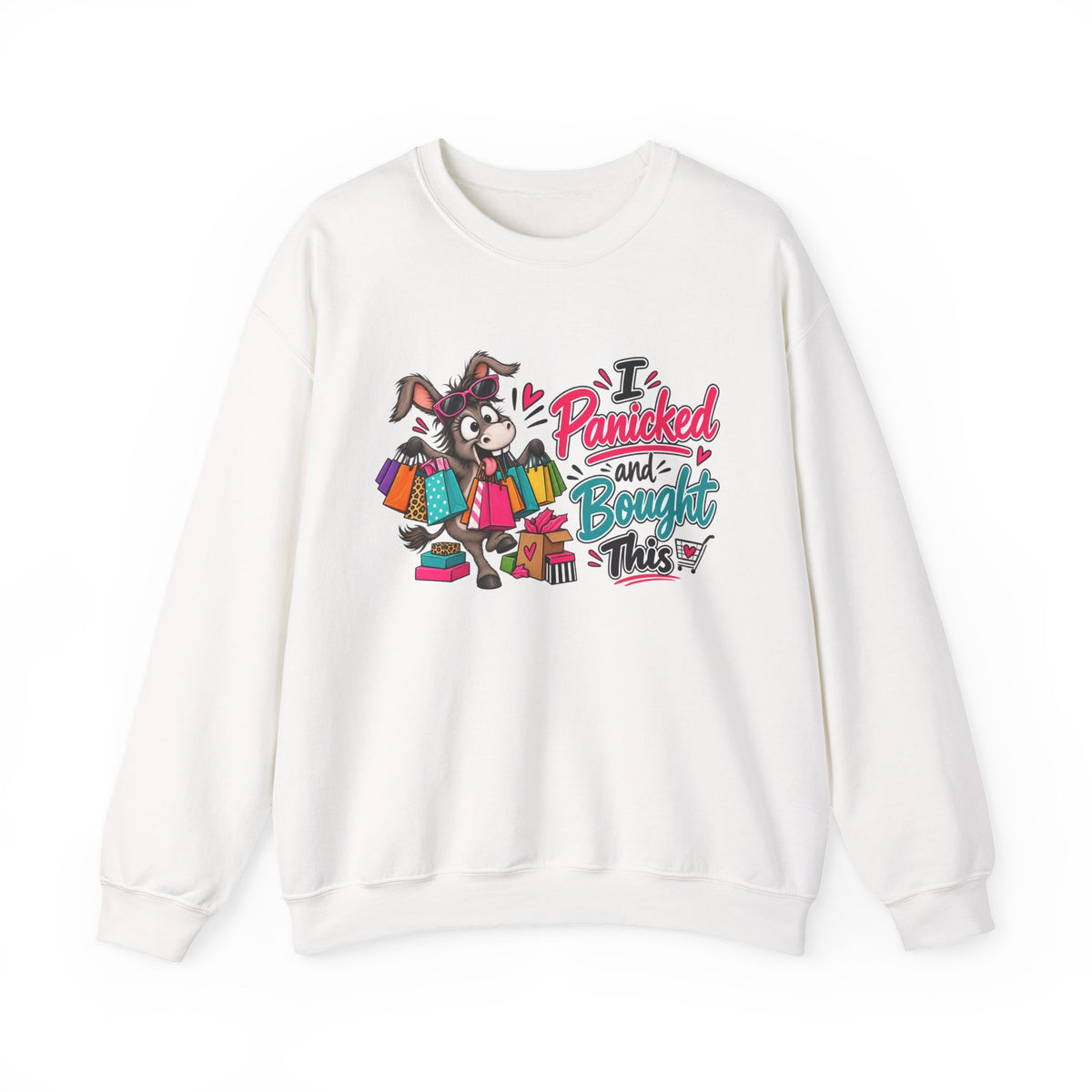 "I Panicked and Bought This" Holiday Sweatshirt — S, White | The ClawMark Store