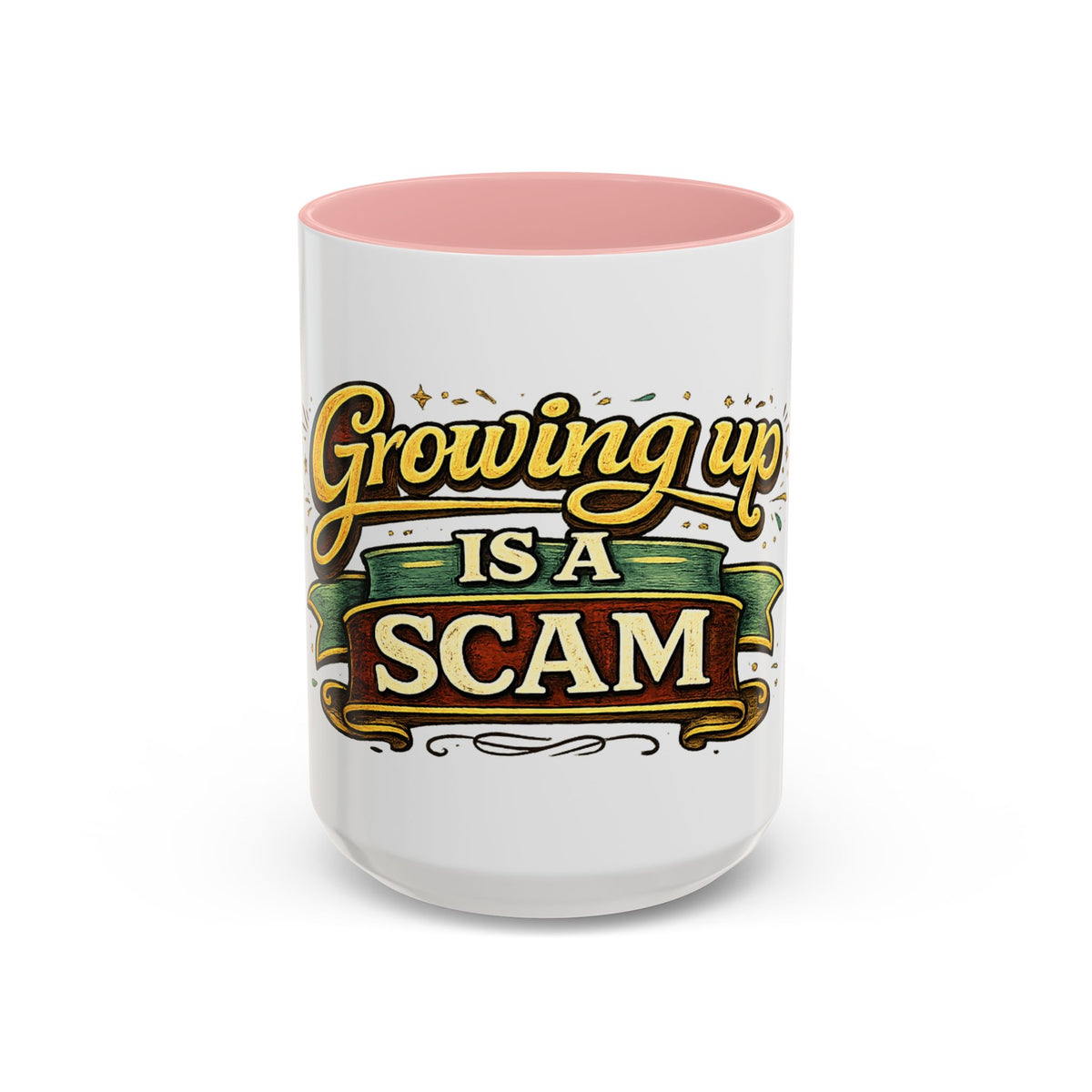 "Growing Up Is A Scam" Vintage-Style Coffee Mug — 15oz, Pink | The ClawMark Store