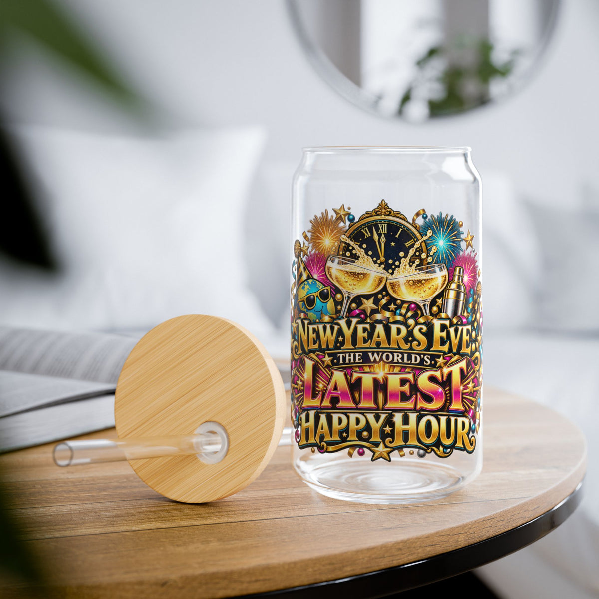 New Year's Eve 16oz Sipper Glass — "Latest Happy Hour" Party Tumbler with Straw
