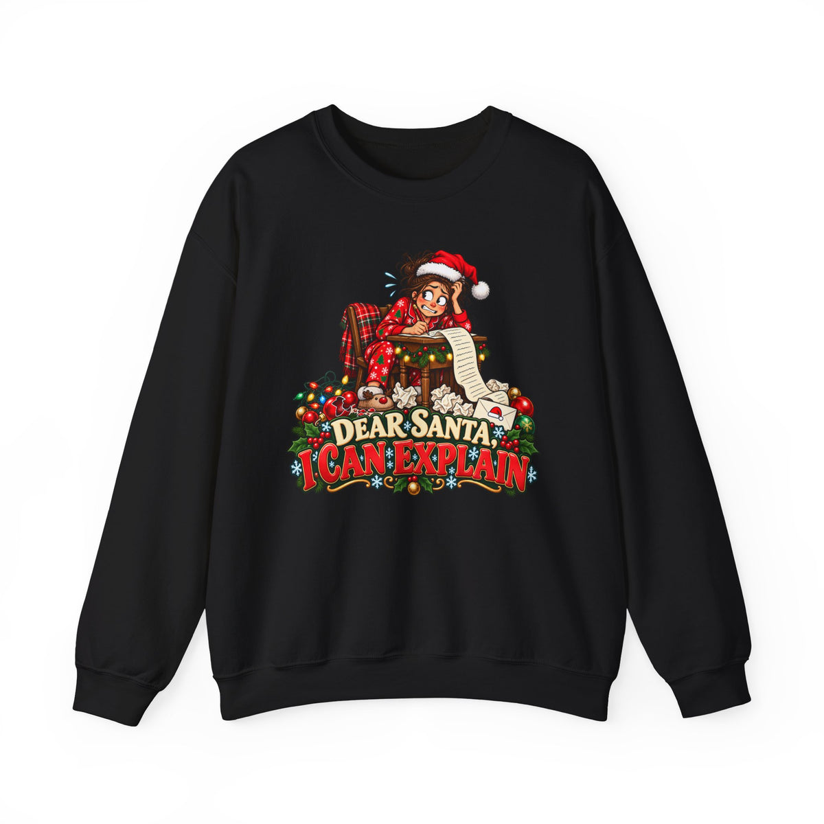 Holiday Sweatshirt - "Dear Santa, I Can Explain" Plaid Elf Christmas Crewneck - Woman