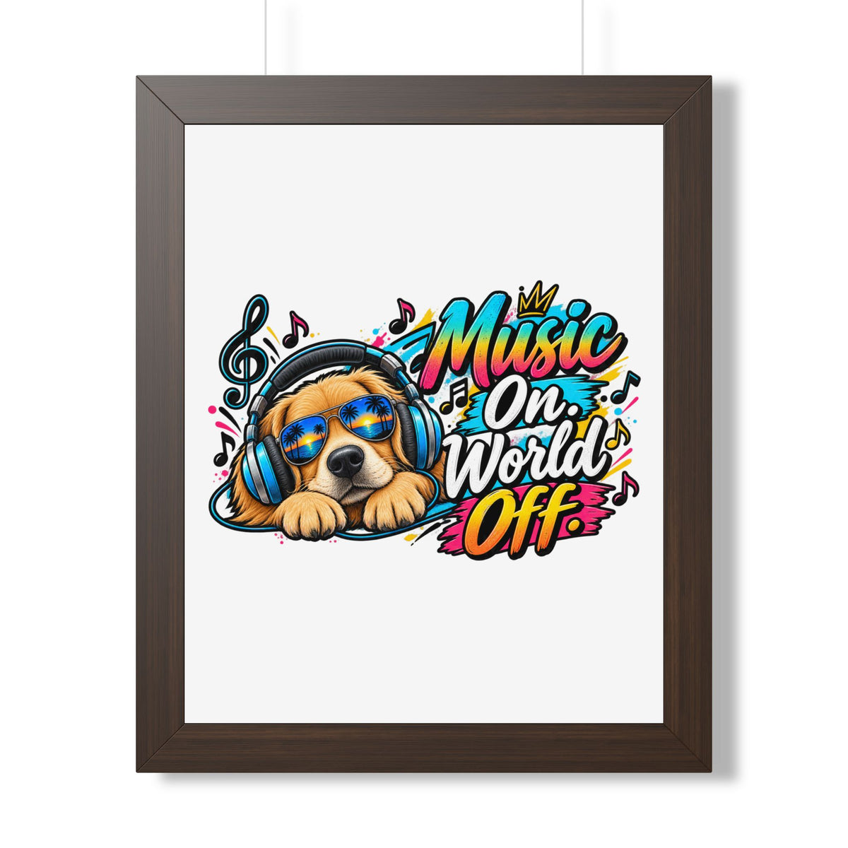 Music On, World Off Framed Poster — Dog with Headphones Wall Art — Walnut, 16″ x 20″ | The ClawMark Store