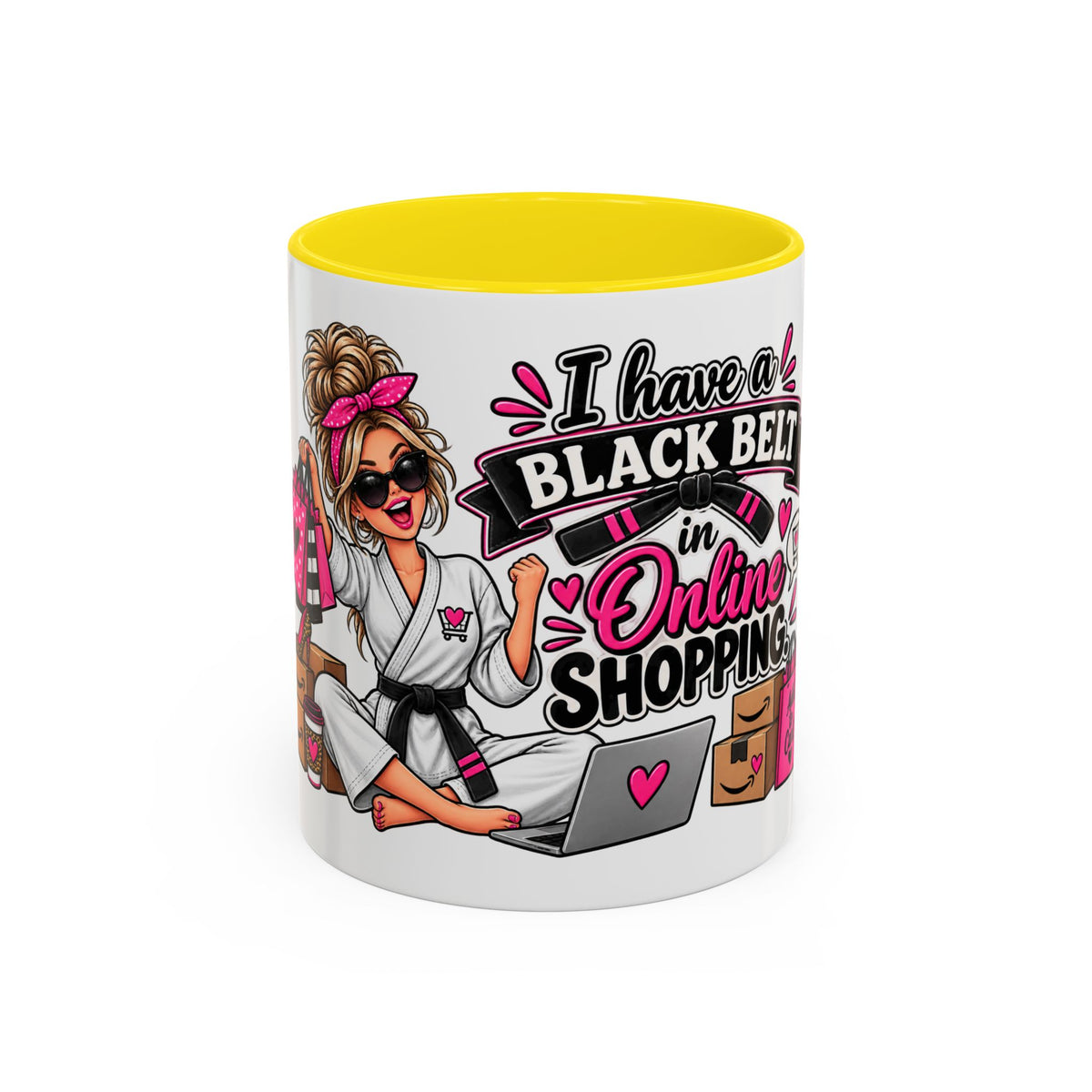 "I Have a Black Belt in Online Shopping" Accent Mug — 11oz, Yellow | The ClawMark Store
