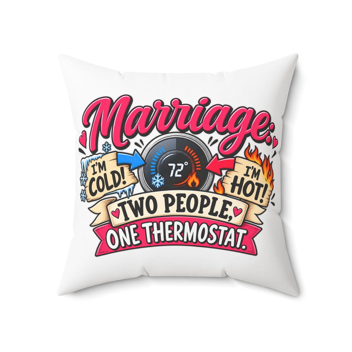 Marriage Pillow — "Two People, One Thermostat" Decorative Throw Pillow — 24" × 24" | The ClawMark Store