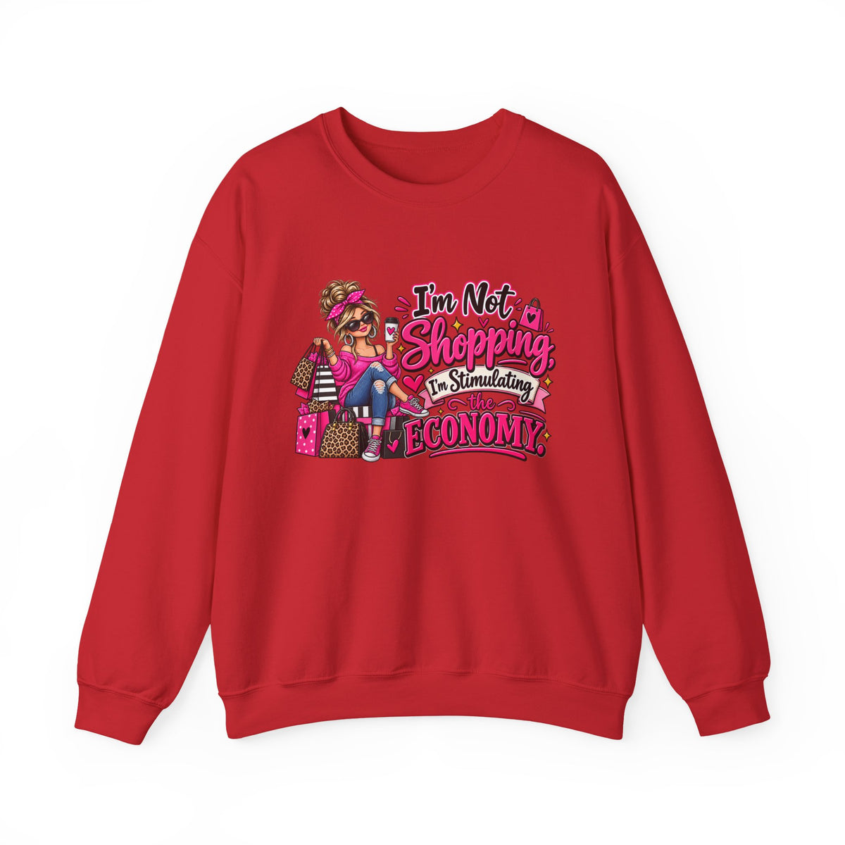 "I'm Not Shopping, I'm Stimulating the Economy" Sweatshirt — S, Red | The ClawMark Store