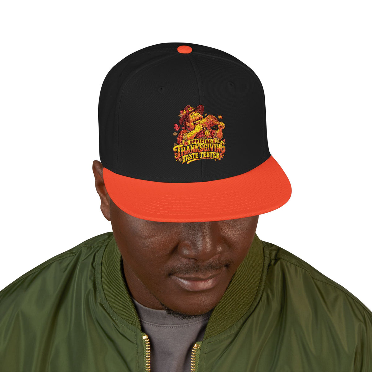 Flame Patch Snapback Hat — Embroidered Fiery Logo Flat Brim Cap