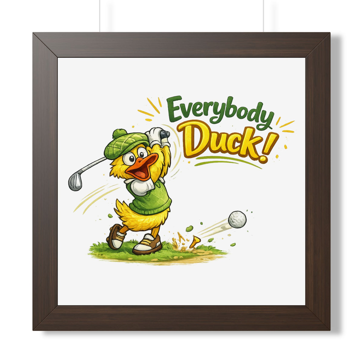 Everybody Duck! Golf Duck Framed Poster — Walnut, 16″ x 16″ | The ClawMark Store