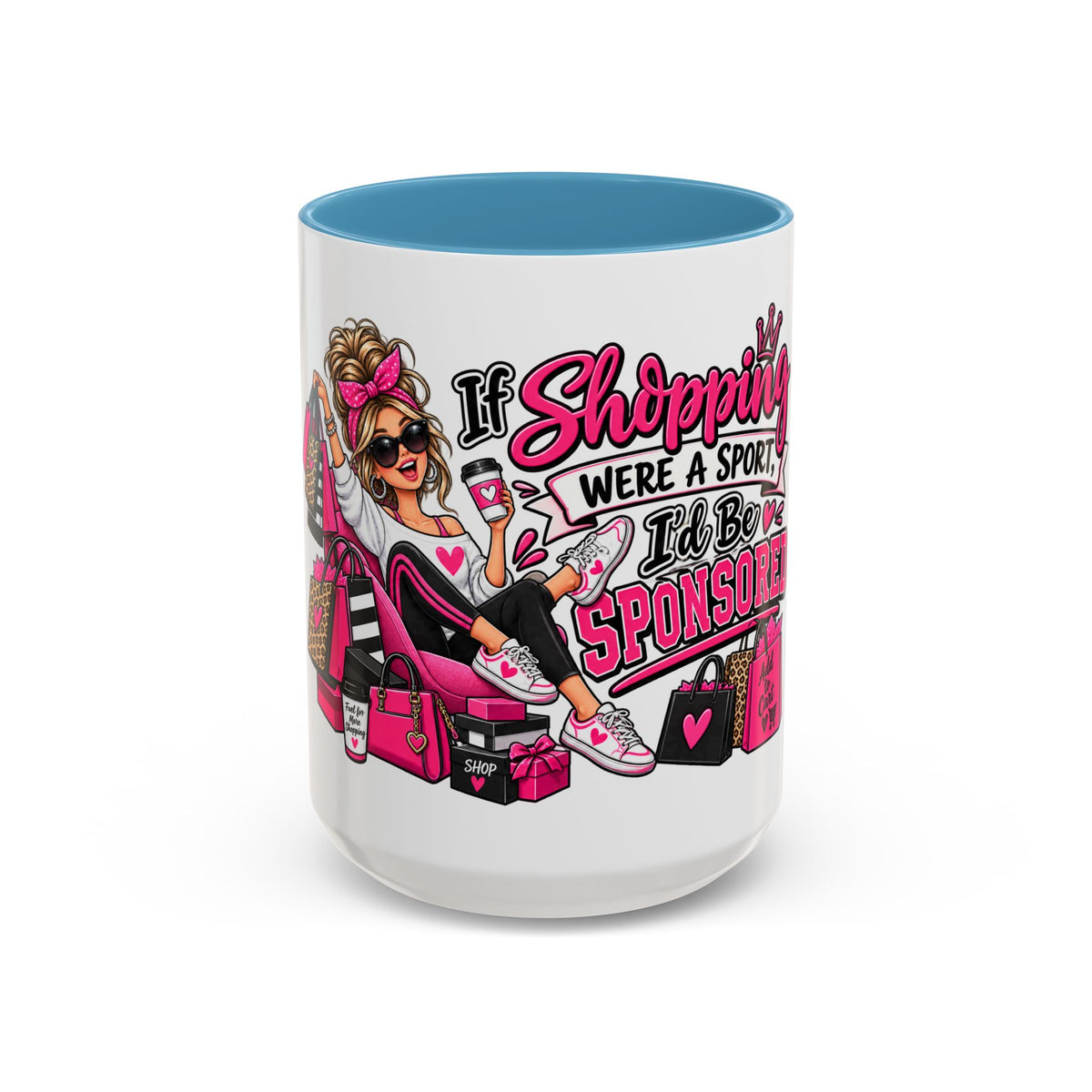 "If Shopping Were a Sport I'd Be Sponsored" Accent Mug — Light Blue, 15oz | The ClawMark Store