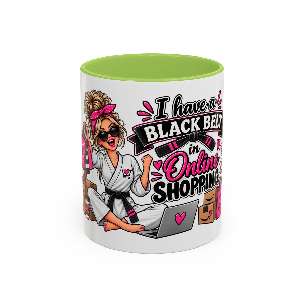 "I Have a Black Belt in Online Shopping" Accent Mug — 11oz, Light Green | The ClawMark Store
