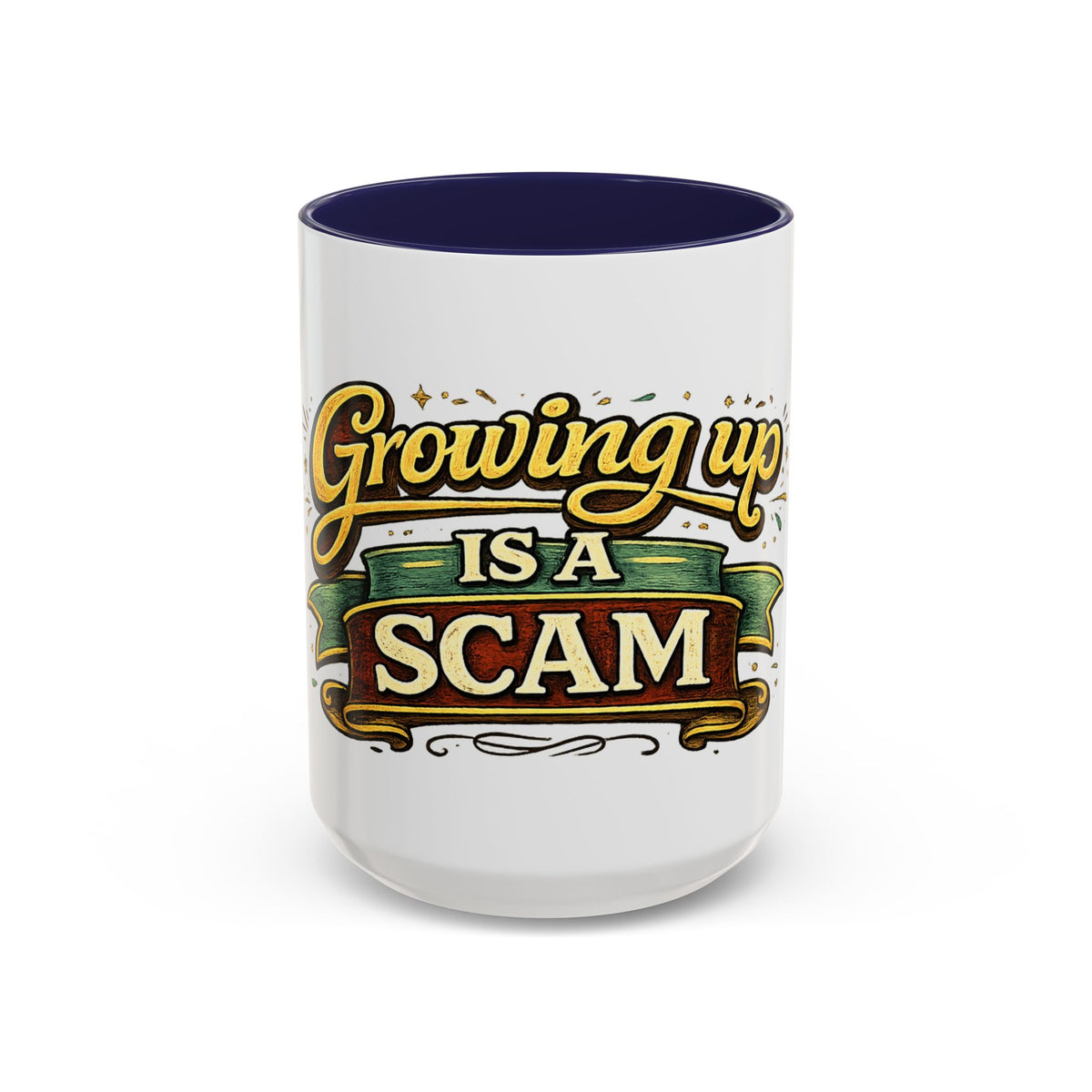 "Growing Up Is A Scam" Vintage-Style Coffee Mug — 15oz, Navy | The ClawMark Store