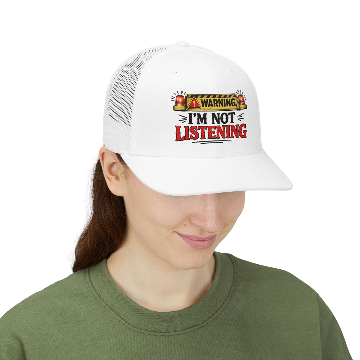 Warning I'm Not Listening Snapback Trucker Cap — product photo 4 | The ClawMark Store