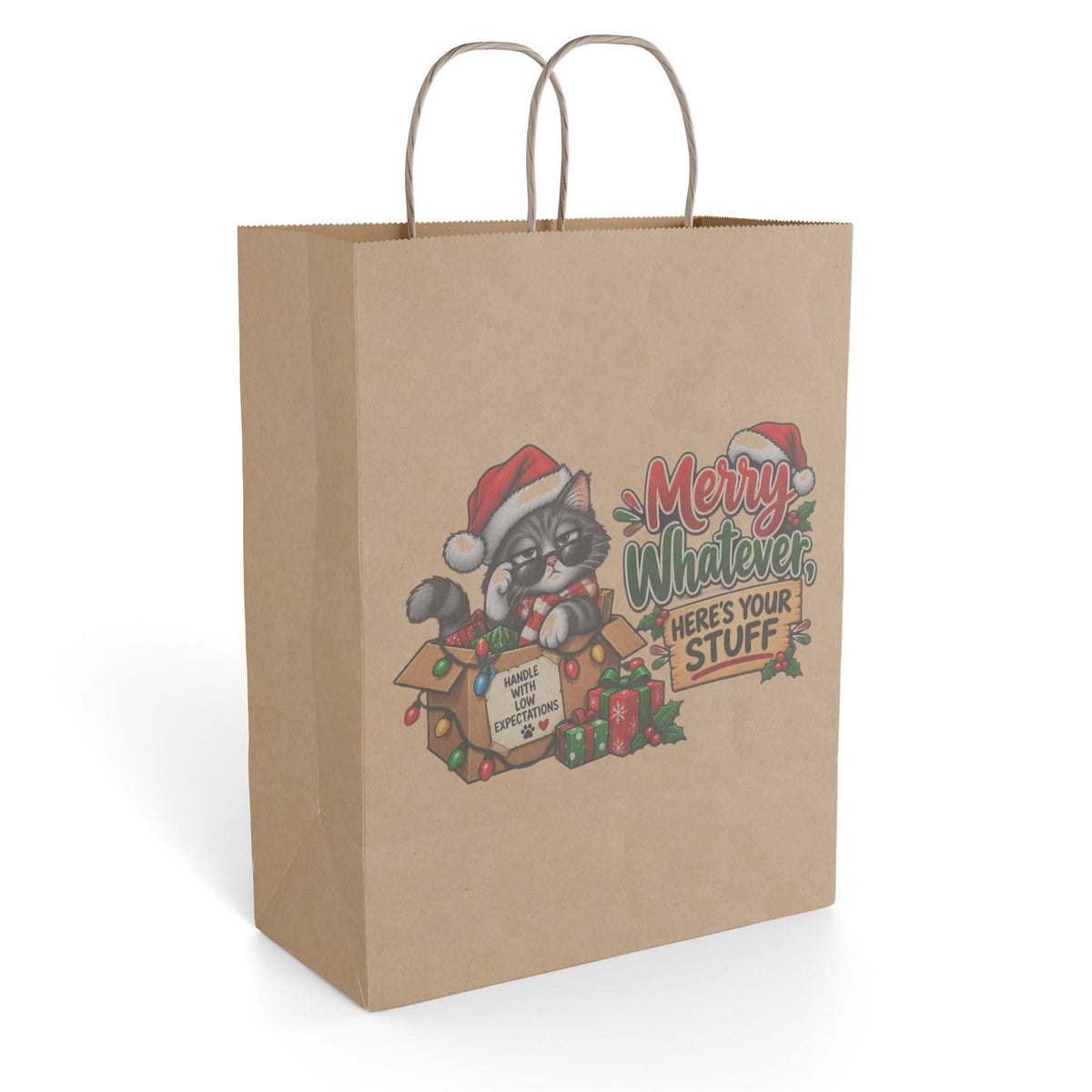 "Merry Whatever, Here’s Your Stuff" Gift Bag — 10'' x 13", Kraft, Paper | The ClawMark Store