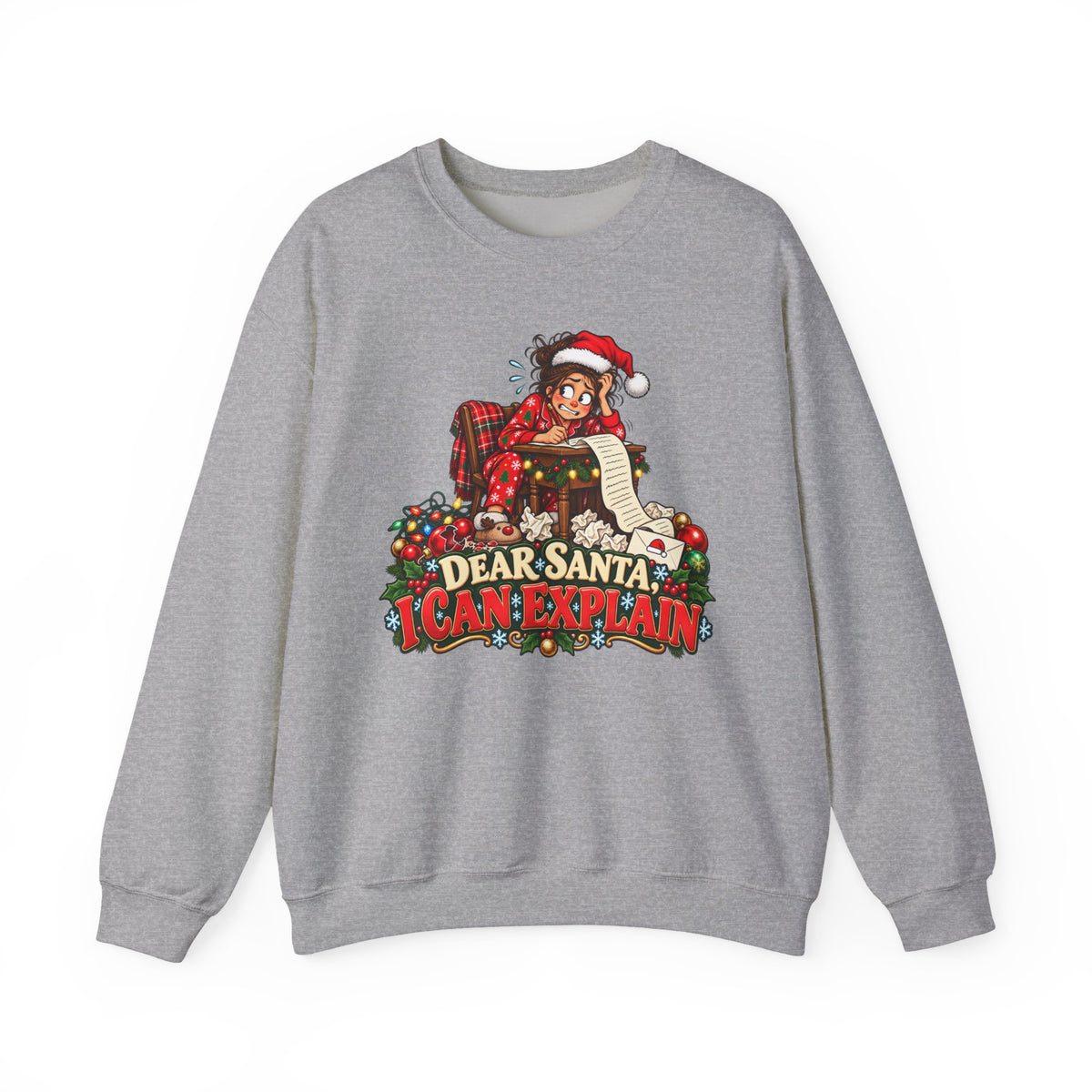 Holiday Sweatshirt - "Dear Santa, I Can Explain" Plaid Elf Christmas Crewneck - Woman