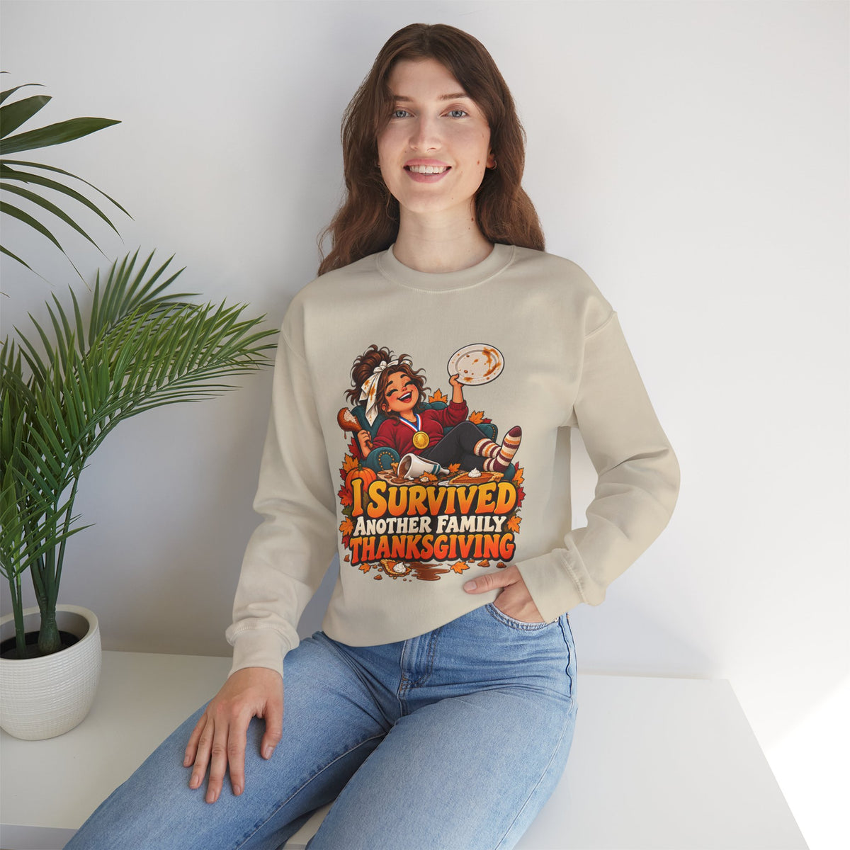 Thanksgiving Sweatshirt — "I Survived Another Family Thanksgiving" Cozy Crewneck