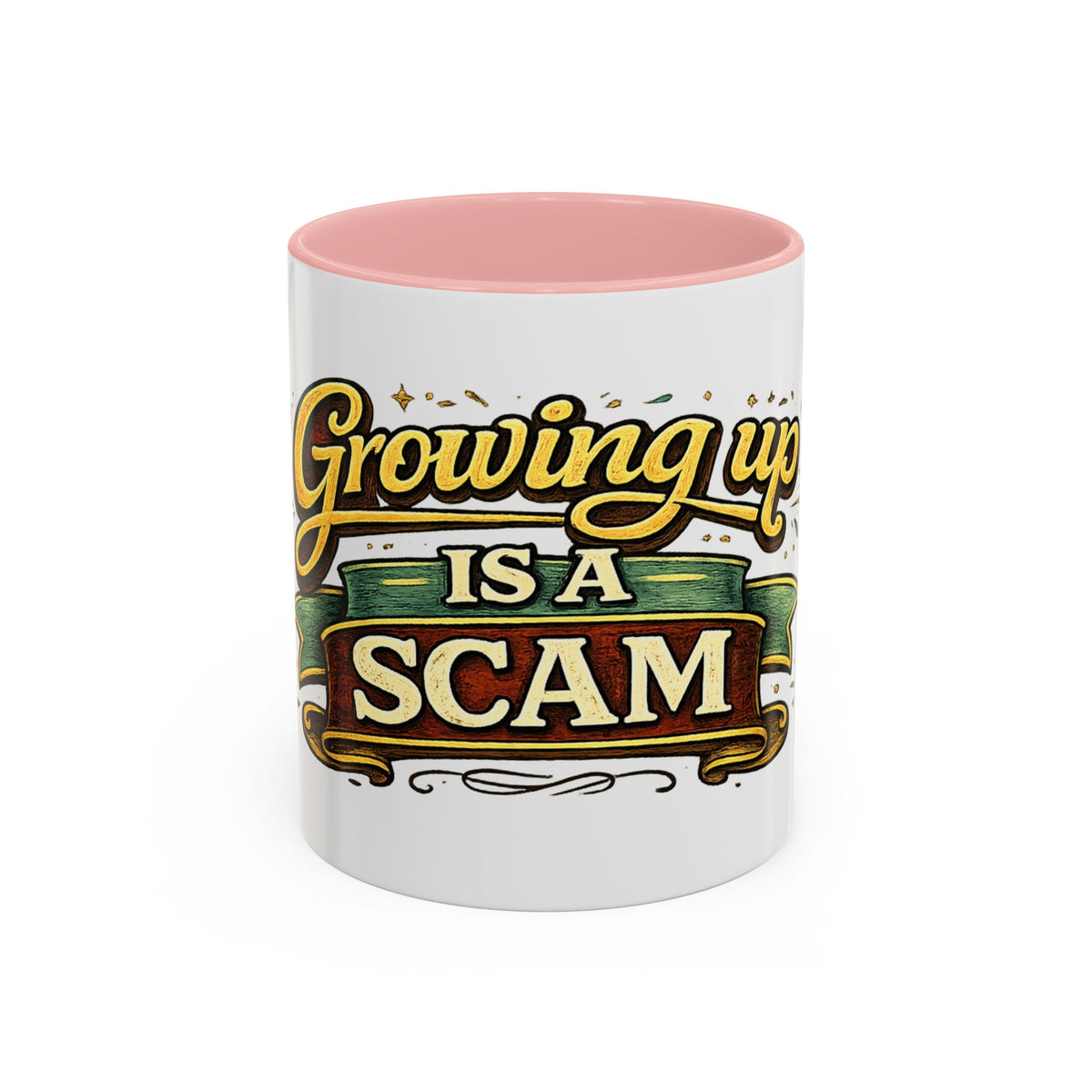 "Growing Up Is A Scam" Vintage-Style Coffee Mug — 11oz, Pink | The ClawMark Store
