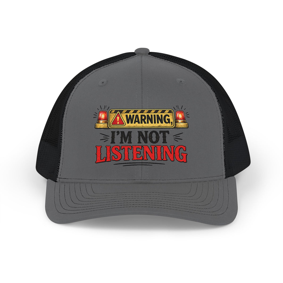 Warning I'm Not Listening Snapback Trucker Cap — Charcoal, Black | The ClawMark Store