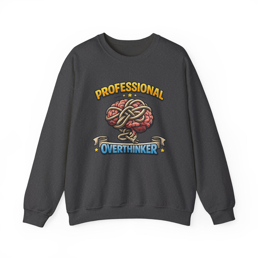 Professional Overthinker Sweatshirt — Funny Brain Knot Crewneck — S, Dark Heather | The ClawMark Store