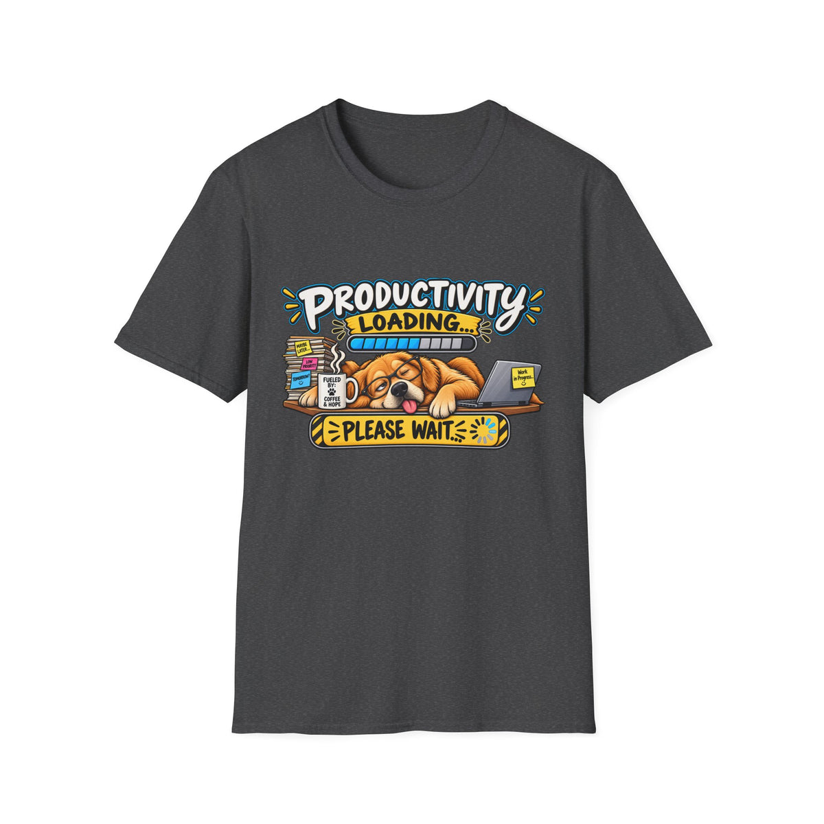 Productivity Loading T-Shirt — Cute Sleepy Dog Graphic Tee — S, Dark Heather | The ClawMark Store