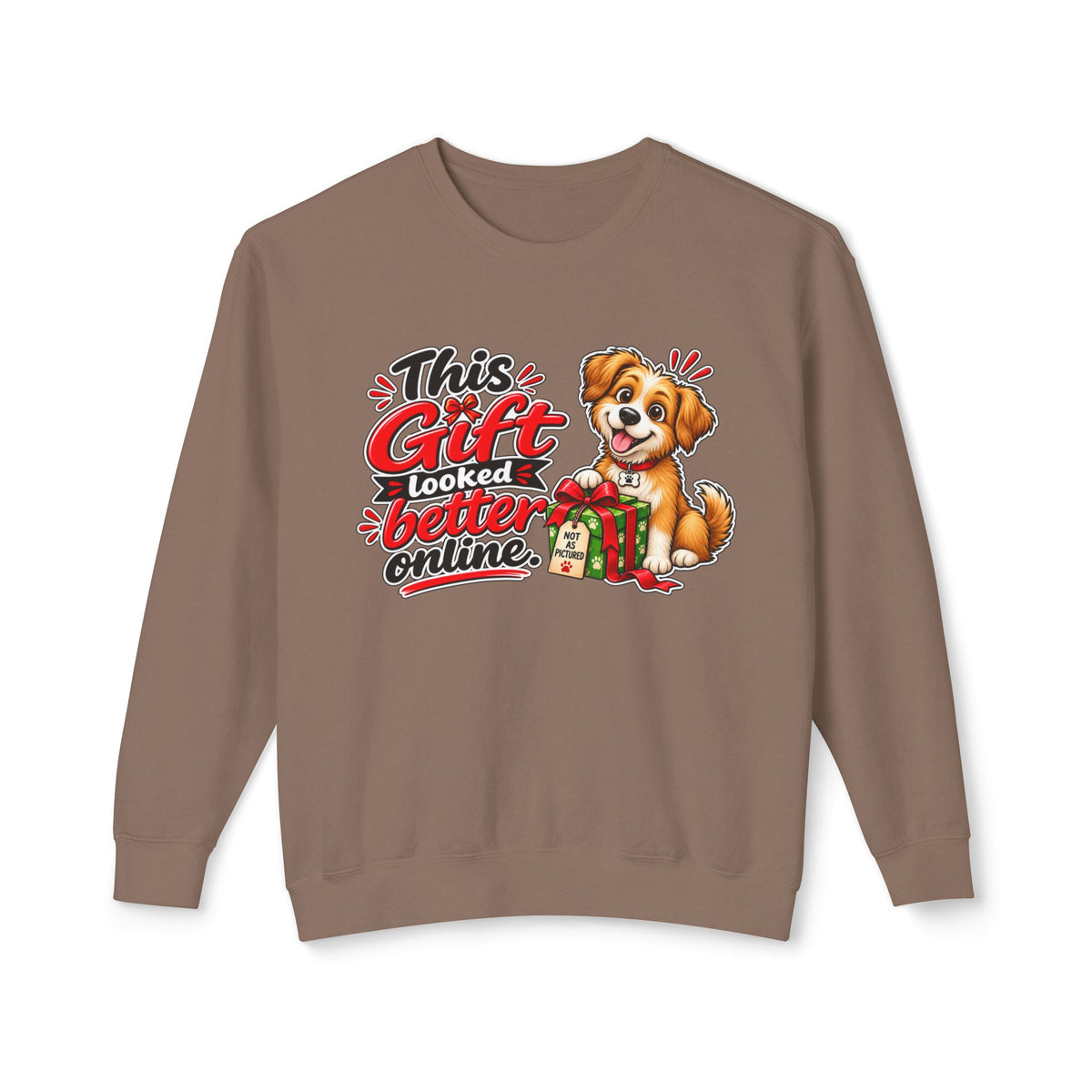 "This Gift Looked Better Online" Holiday Puppy Sweatshirt — Espresso, S | The ClawMark Store