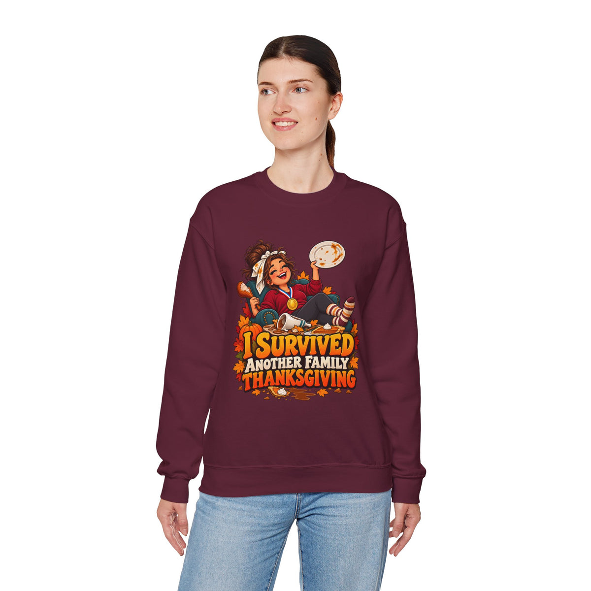 Thanksgiving Sweatshirt — "I Survived Another Family Thanksgiving" Cozy Crewneck