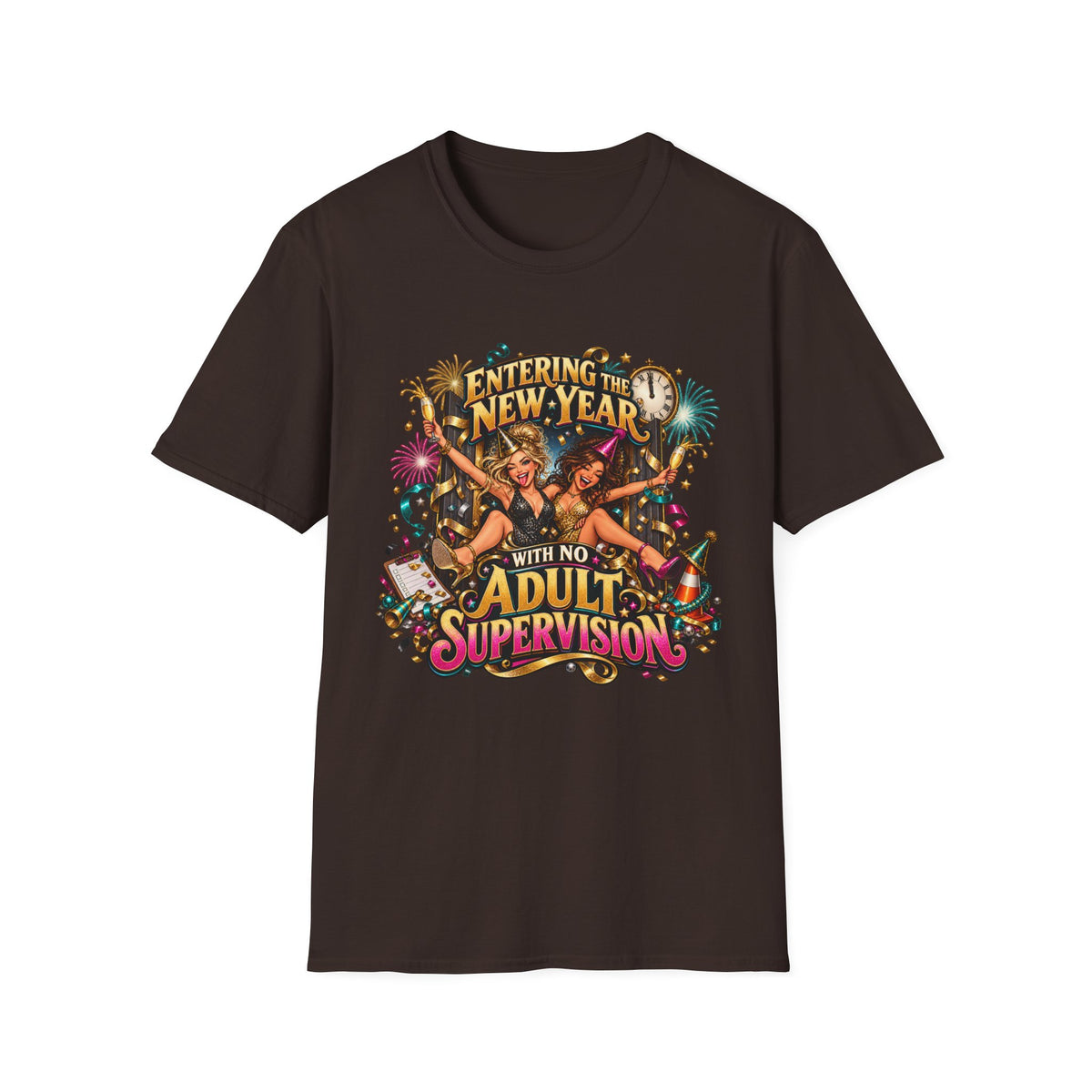 New Year Party T-Shirt — "Entering the New Year With No Adult Supervision" Graphic Tee