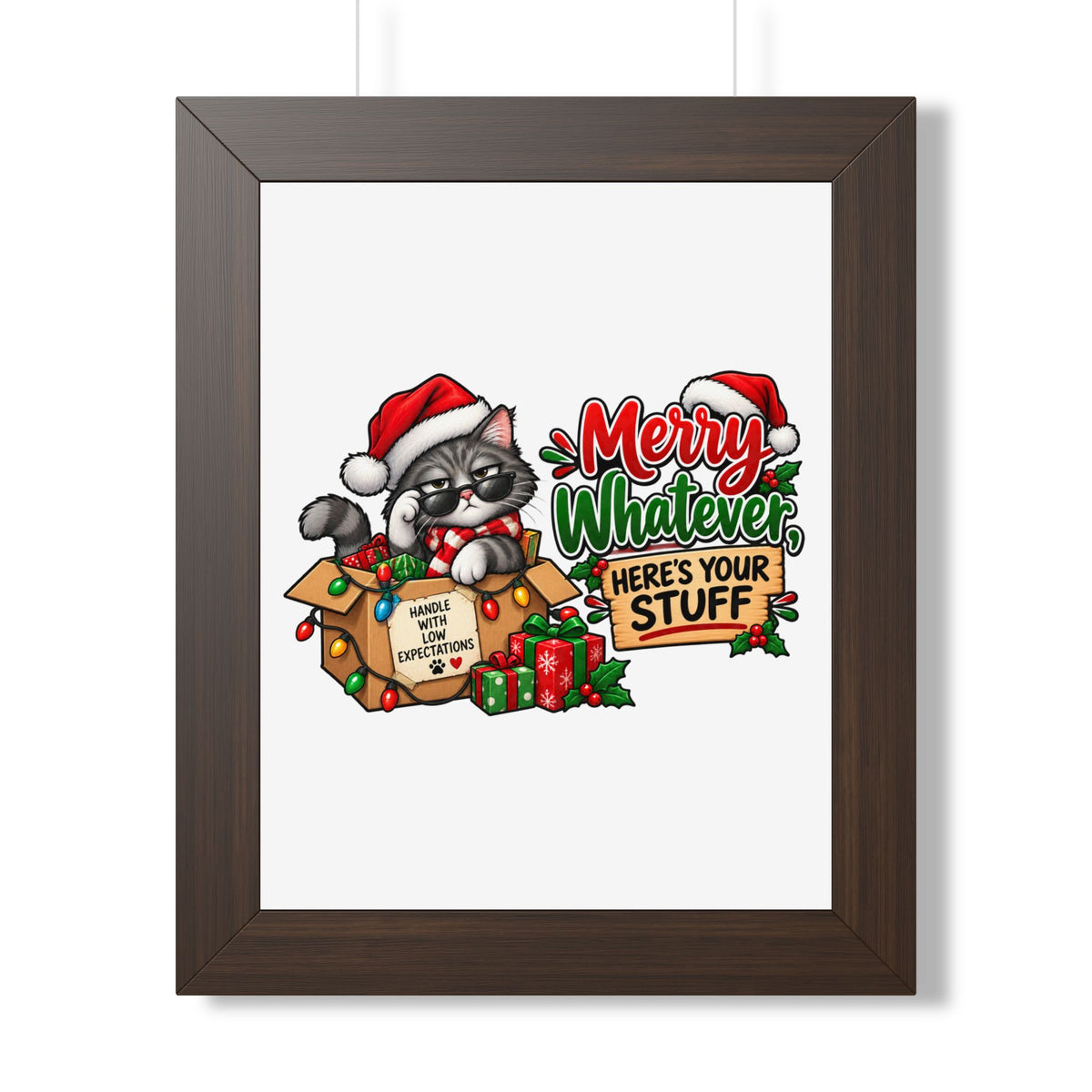Merry Whatever Cat Christmas Poster — "Here's Your Stuff" Framed Print — Walnut, 11" x 14" | The ClawMark Store