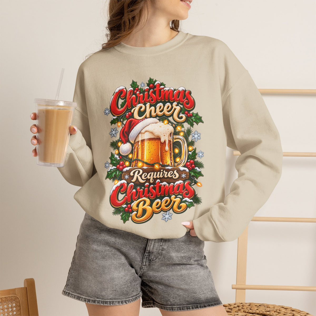 Christmas Beer Crewneck Sweatshirt — "Christmas Cheer Requires Christmas Beer" Holiday Sweater