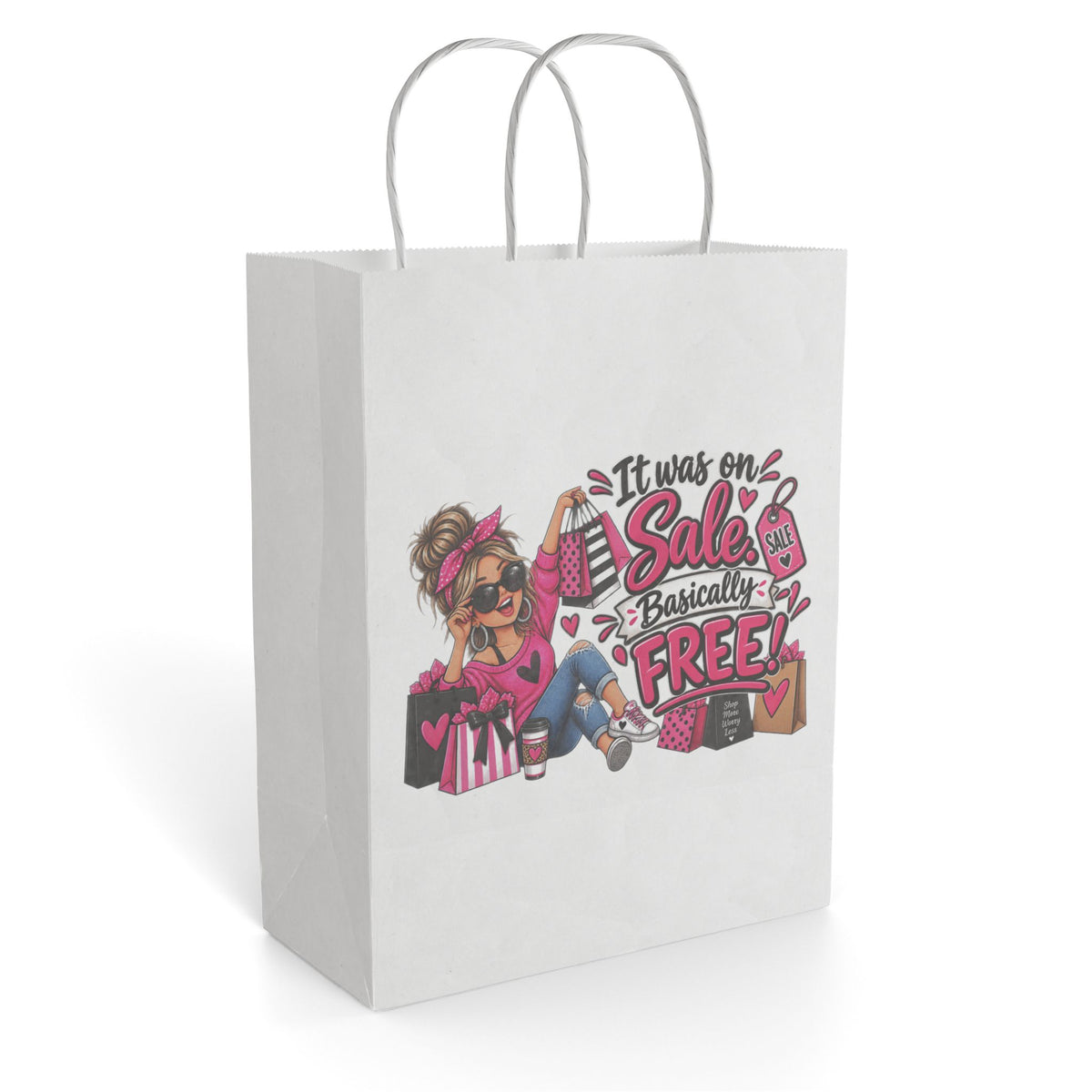 "It Was On Sale Basically Free" — Paper Gift Bag — 8'' x 10.25", White, Paper | The ClawMark Store