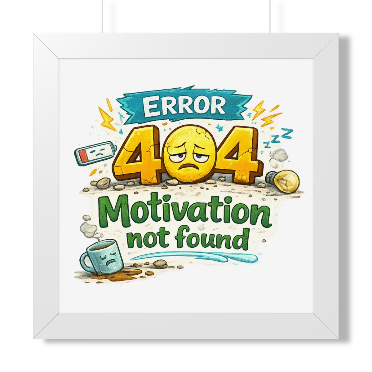 Error 404 Motivation Not Found — Framed Poster — White, 16″ x 16″ | The ClawMark Store