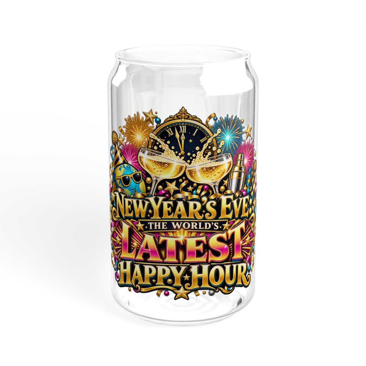 New Year's Eve 16oz Sipper Glass — "Latest Happy Hour" Party Tumbler with Straw