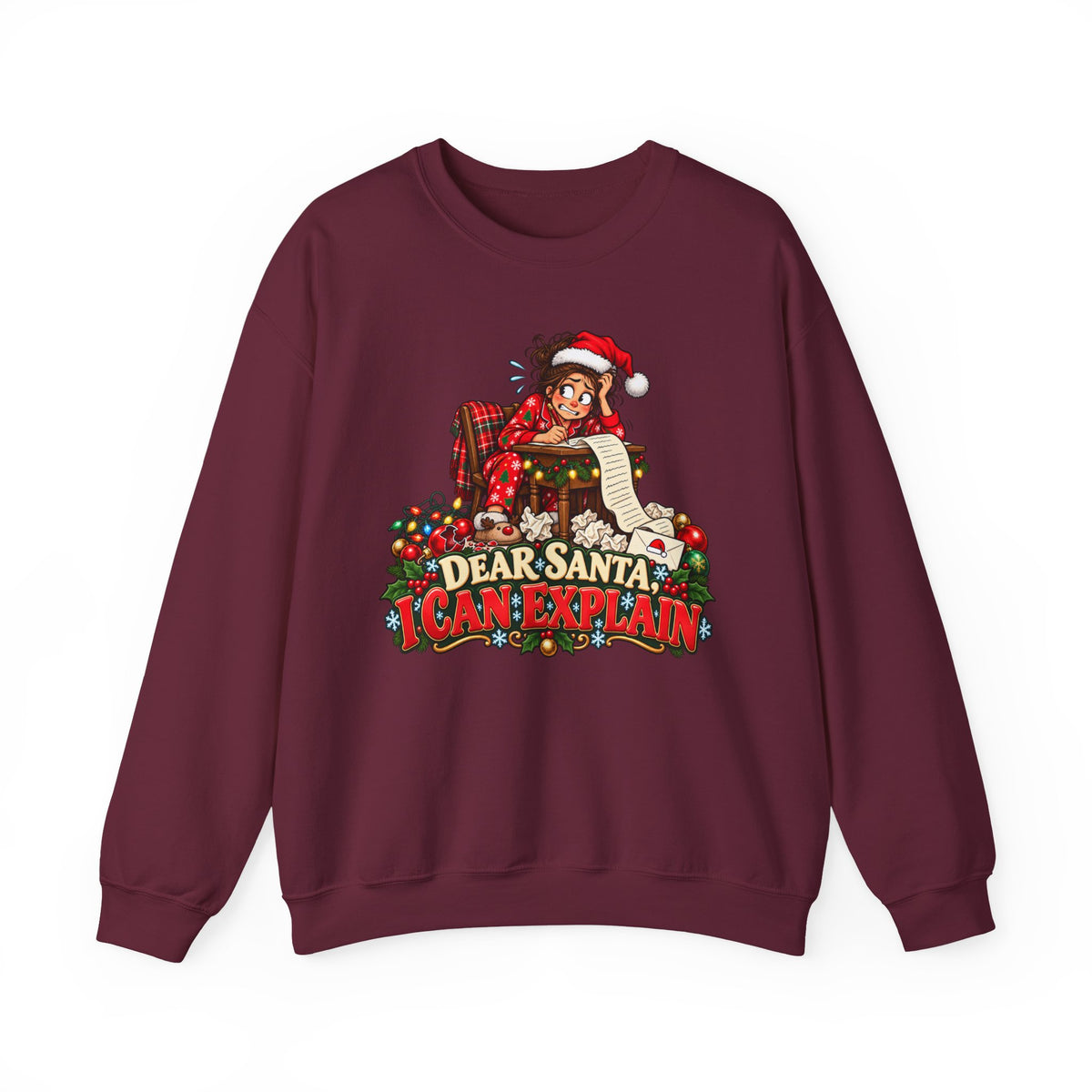 Holiday Sweatshirt - "Dear Santa, I Can Explain" Plaid Elf Christmas Crewneck - Woman