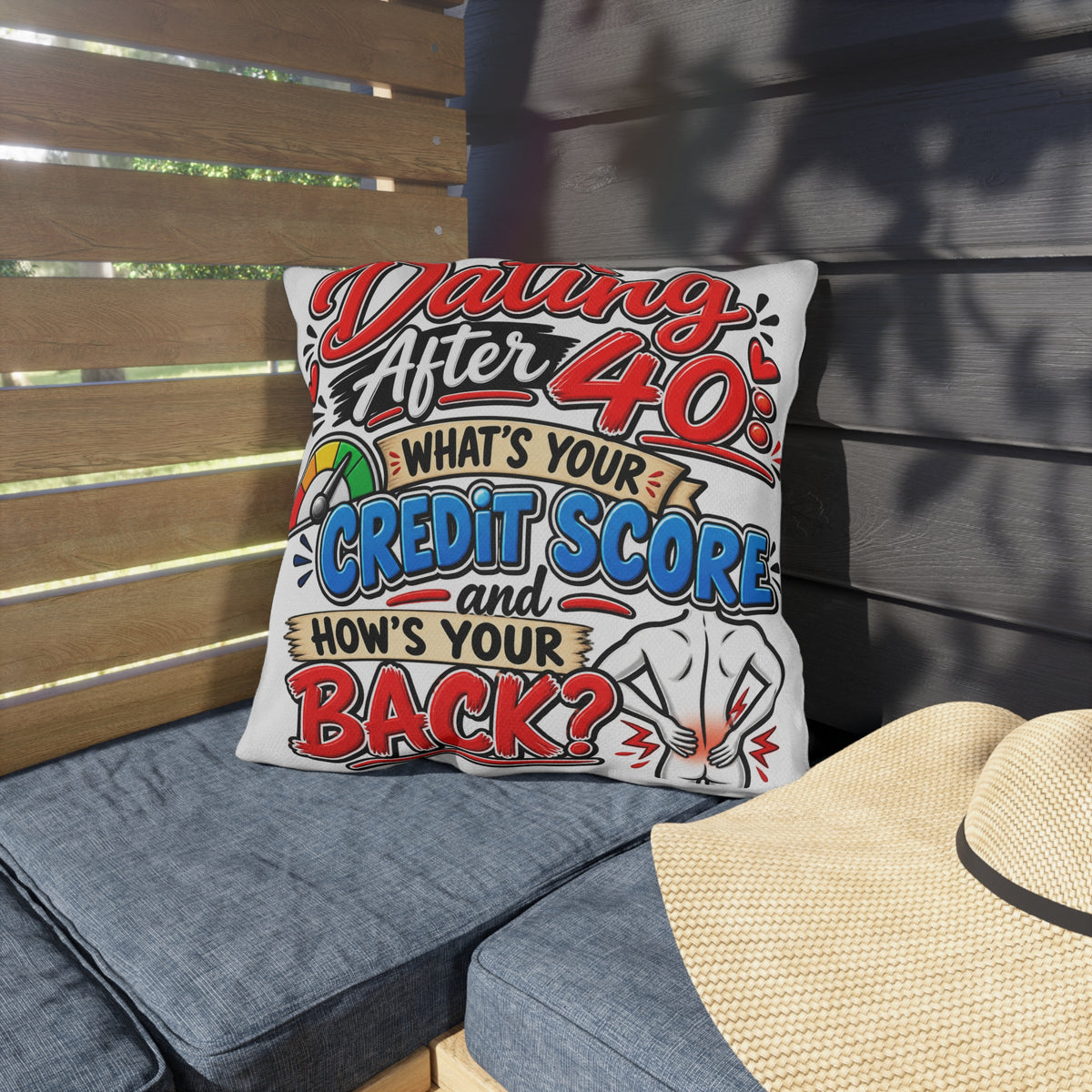 "Dating After 40: What's Your Credit Score and How's Your Back?" Pillow — product photo 2 | The ClawMark Store