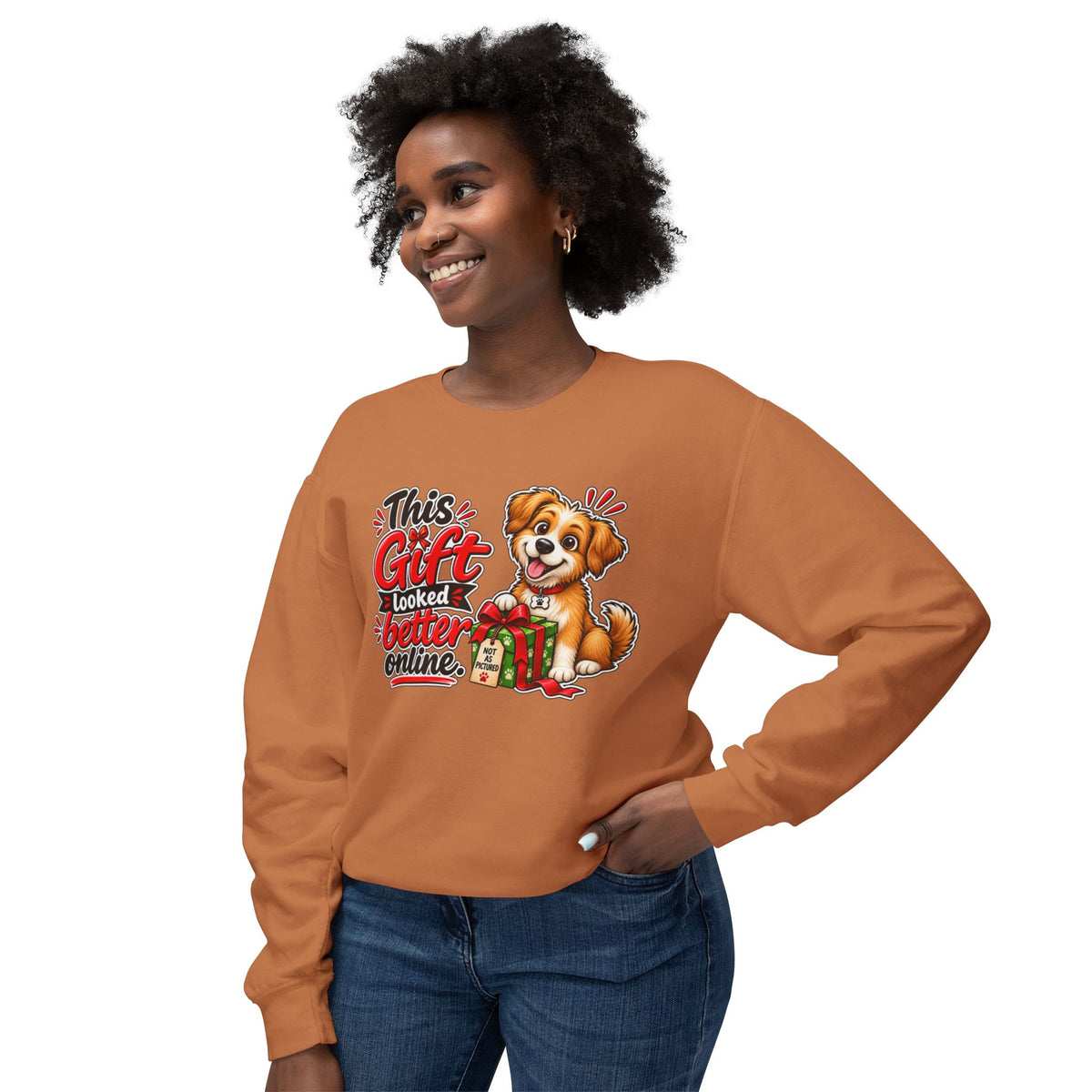 "This Gift Looked Better Online" Christmas Dog Sweatshirt — product photo 2 | The ClawMark Store