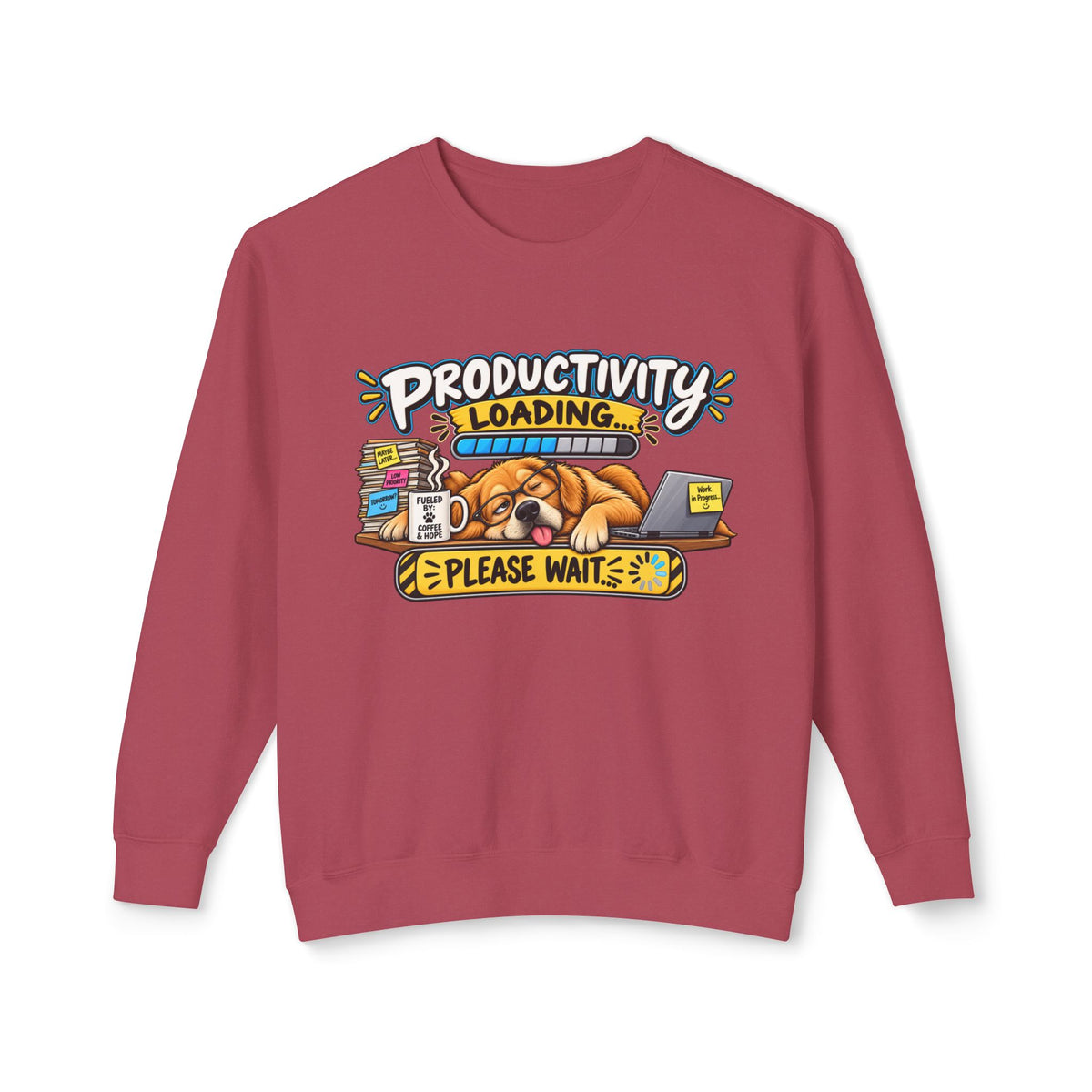 "Productivity Loading... Please Wait" Sweatshirt — Crimson, S | The ClawMark Store