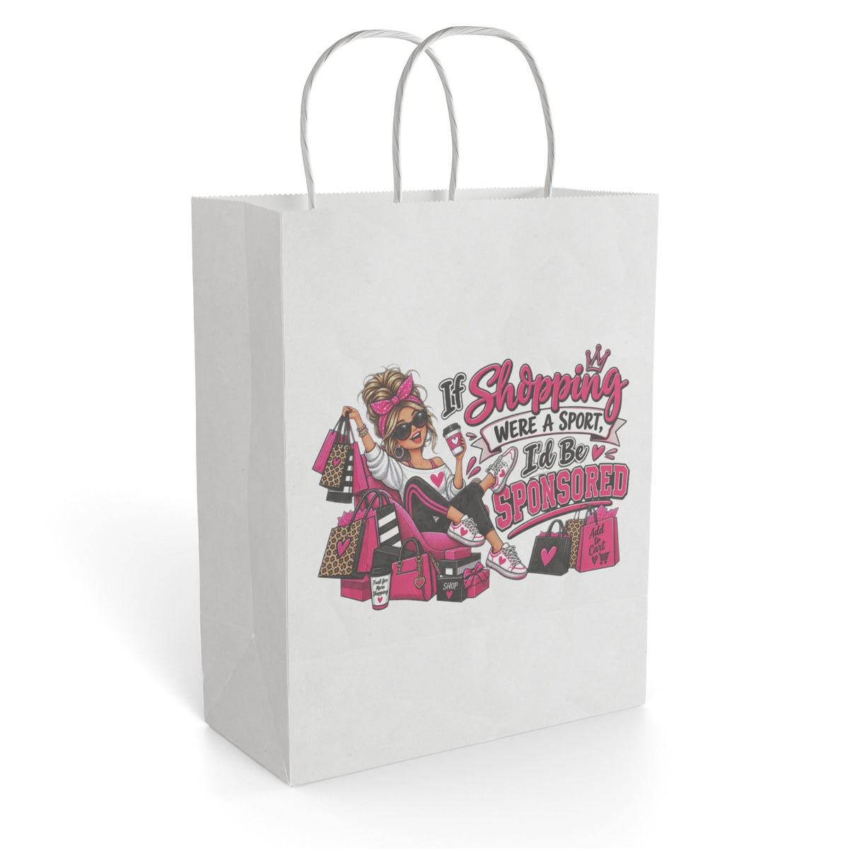"If Shopping Were a Sport I'd Be Sponsored" Gift Bag — 8'' x 10.25", White, Paper | The ClawMark Store