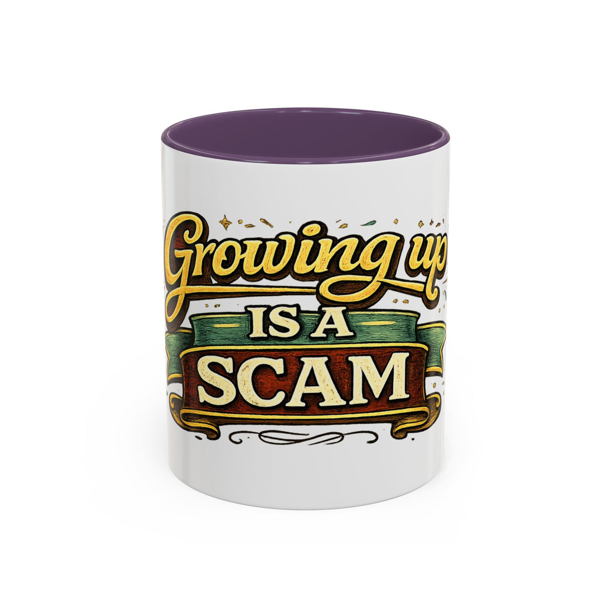 "Growing Up Is A Scam" Vintage-Style Coffee Mug — 11oz, Purple | The ClawMark Store