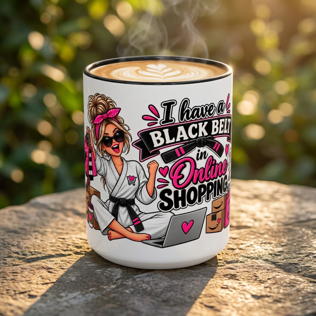 "I Have a Black Belt in Online Shopping" Accent Mug — 11oz, Black | The ClawMark Store