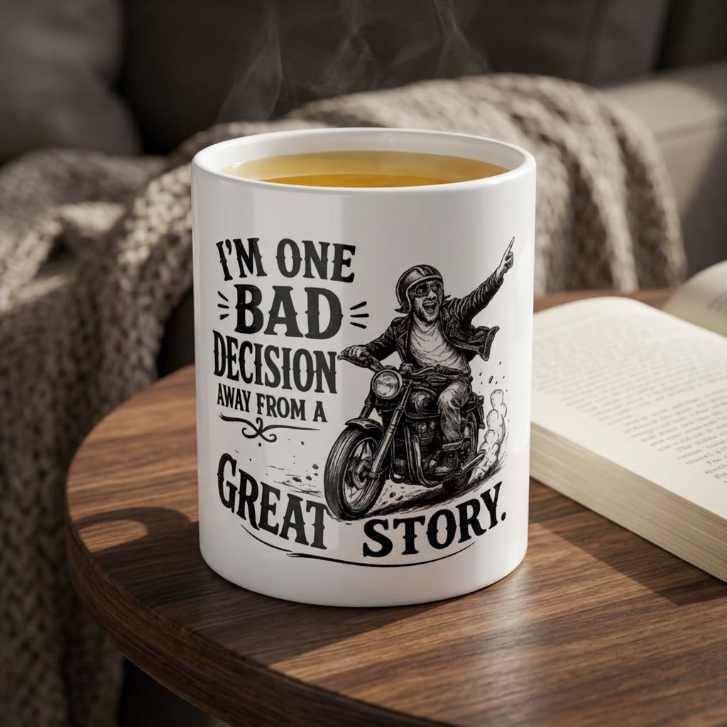 "I'm One Bad Decision Away From a Great Story" Motorcycle Mug — Black, 11oz | The ClawMark Store