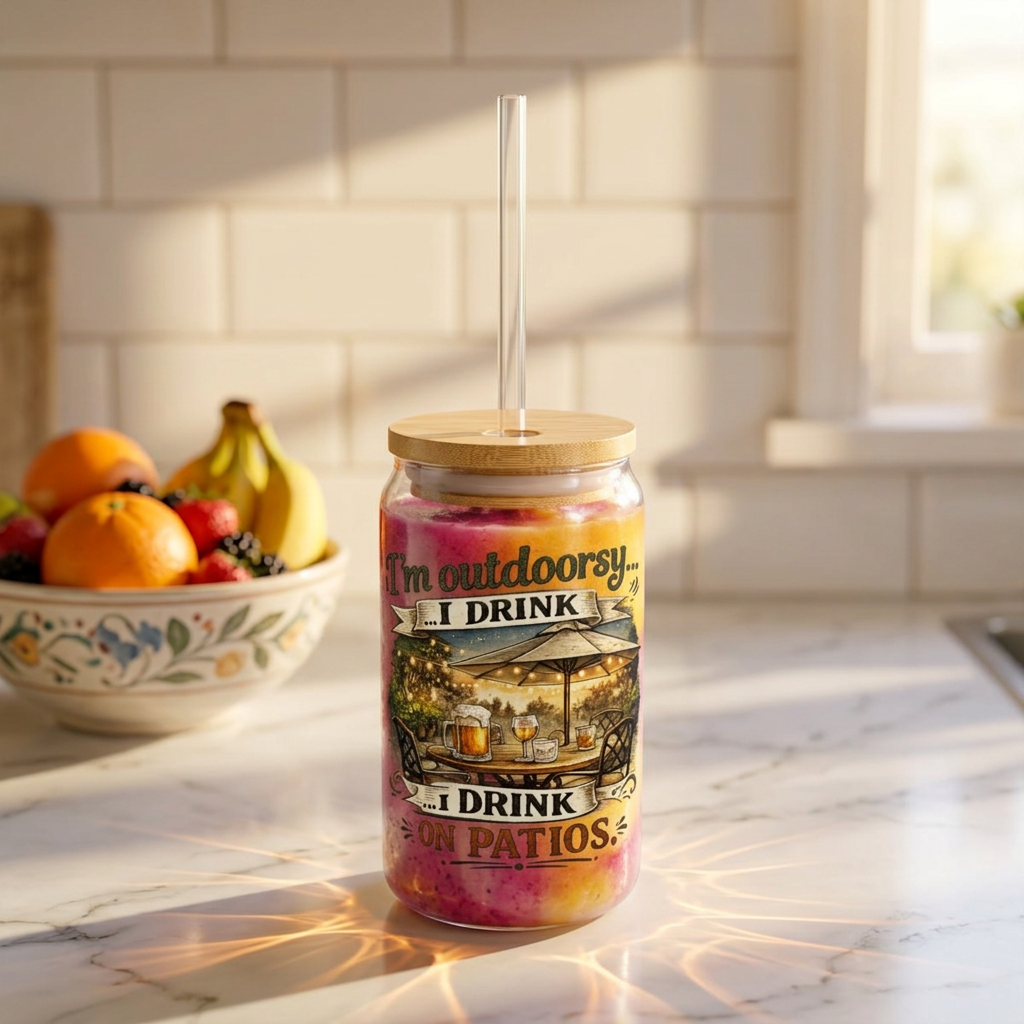 "I'm Outdoorsy I Drink On Patios" Sipper Glass (16oz) — With lid and straw, 16oz | The ClawMark Store