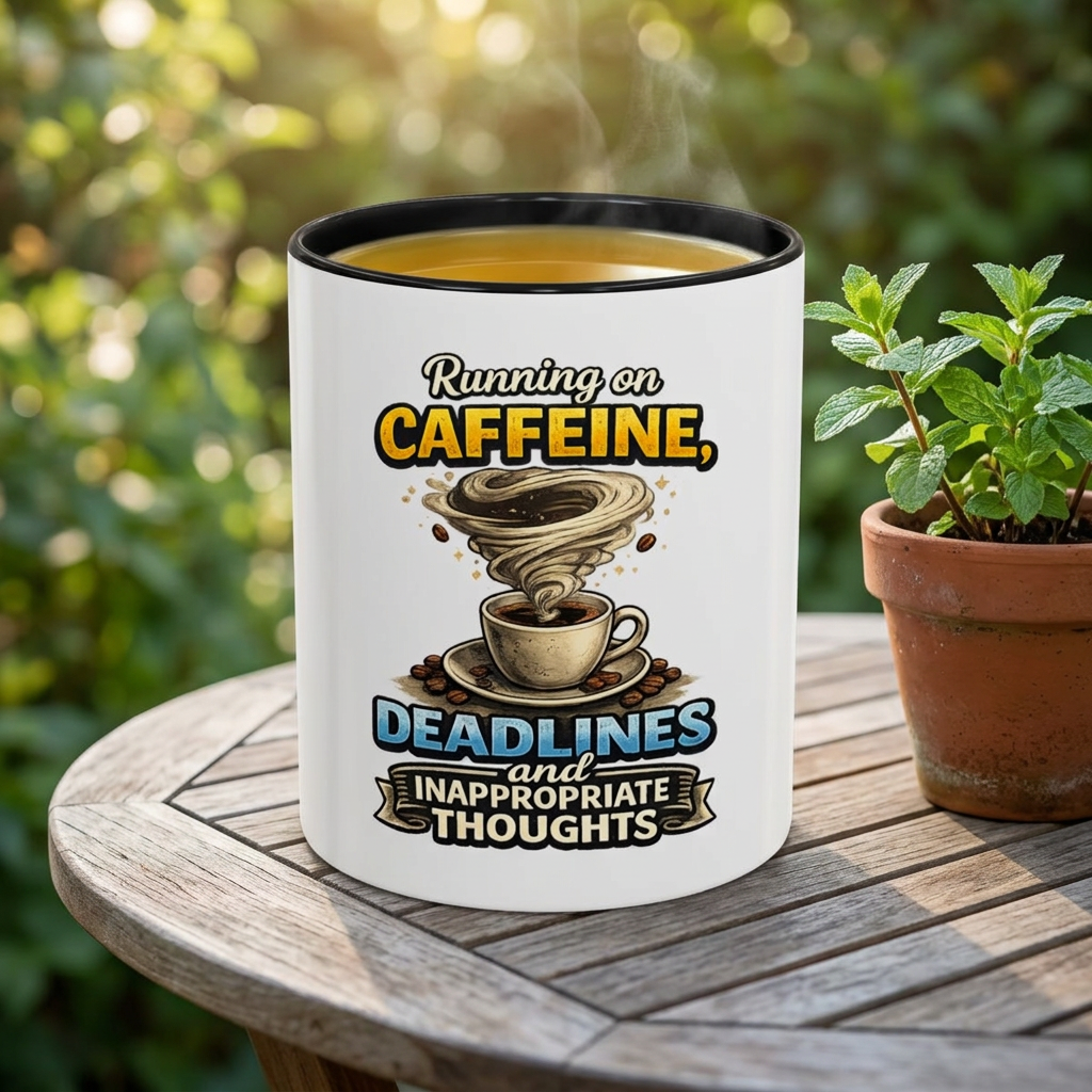 "Running on Caffeine, Deadlines and Inappropriate Thoughts" Mug — Black, 11oz | The ClawMark Store