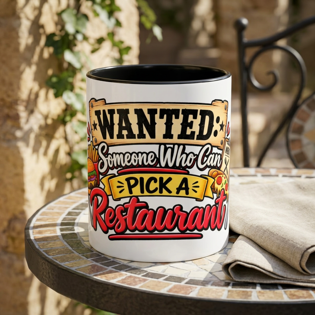 "Wanted: Someone Who Can Pick a Restaurant" Coffee Mug — Black, 11oz | The ClawMark Store
