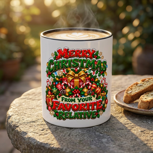 Christmas Coffee Mug — "Merry Christmas from Your Favorite Relative" Holiday Gift