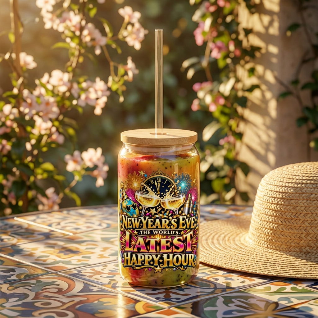 New Year's Eve 16oz Sipper Glass — "Latest Happy Hour" Party Tumbler with Straw