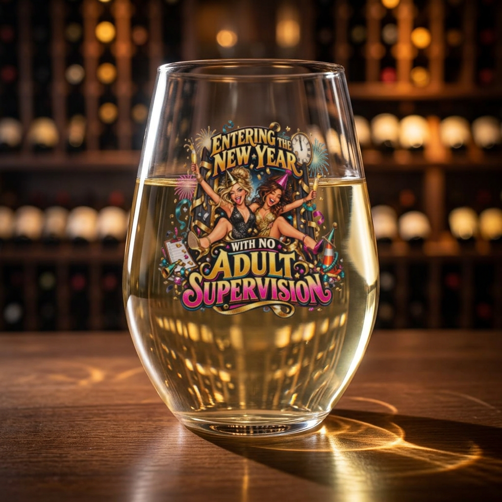 Stemless Wine Glass — "Entering the New Year with No Adult Supervision" Party Glass