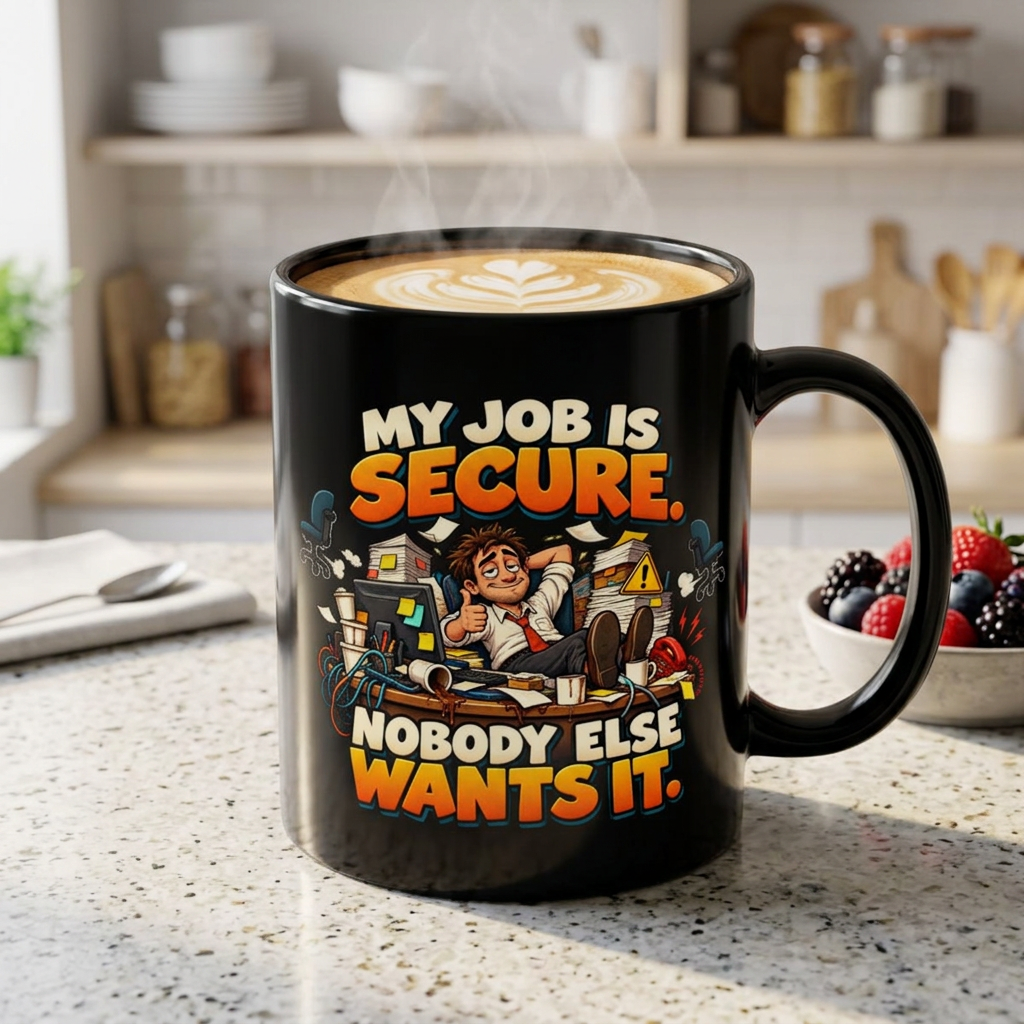 Funny Black Mug - "My Job Is Secure, Nobody Else Wants It" Novelty Office Coffee Cup