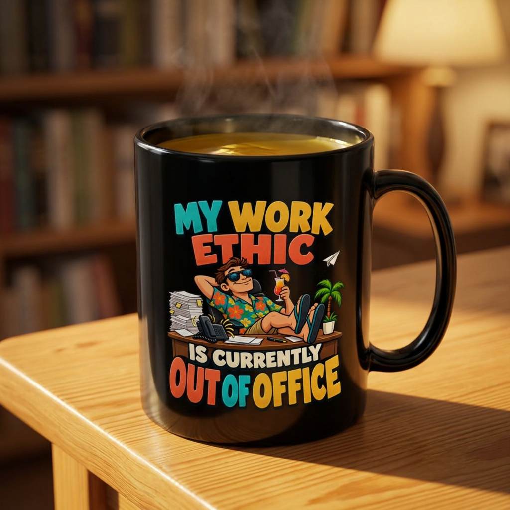 Funny Black Coffee Mug - "My Work Ethic Is Currently Out of Office" Vacation Mug