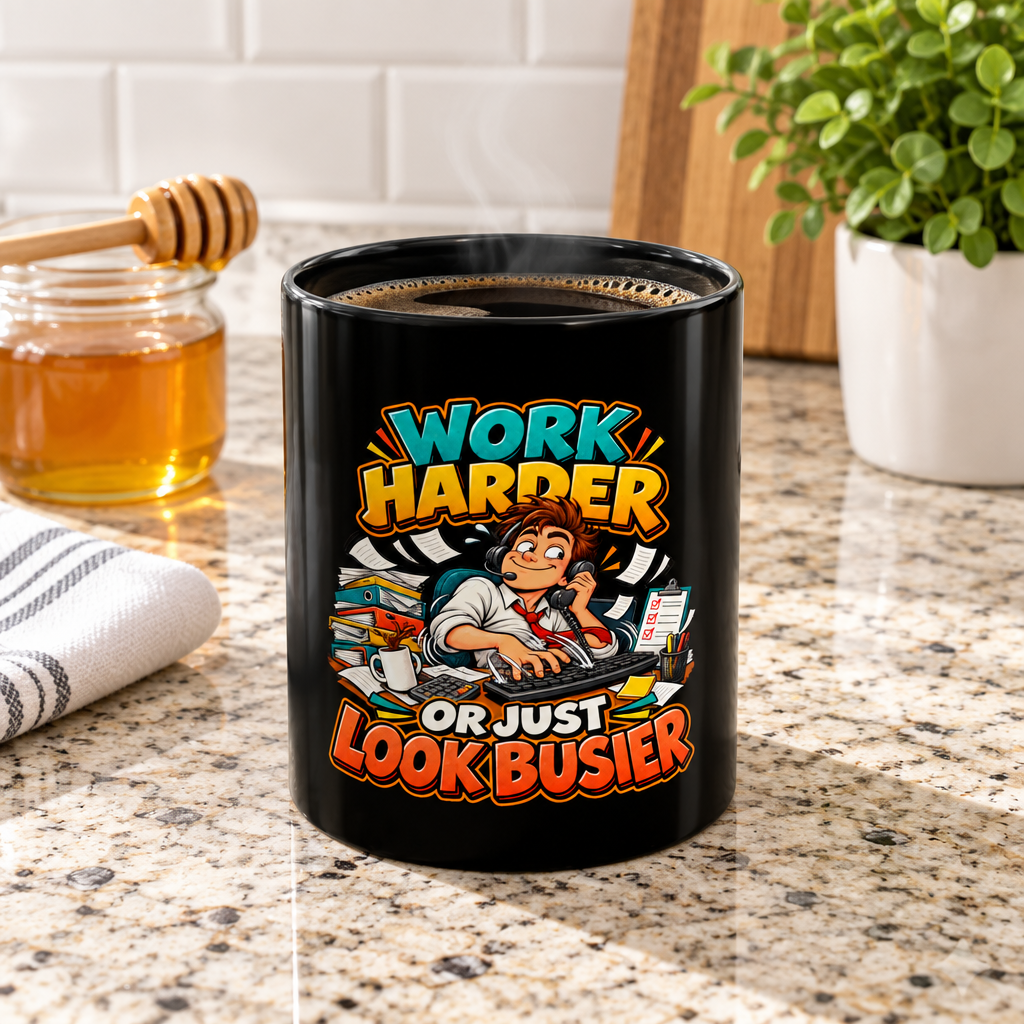 Work Harder or Just Look Busier Mug — Funny Office Coffee Cup for Coworkers & Remote Workers