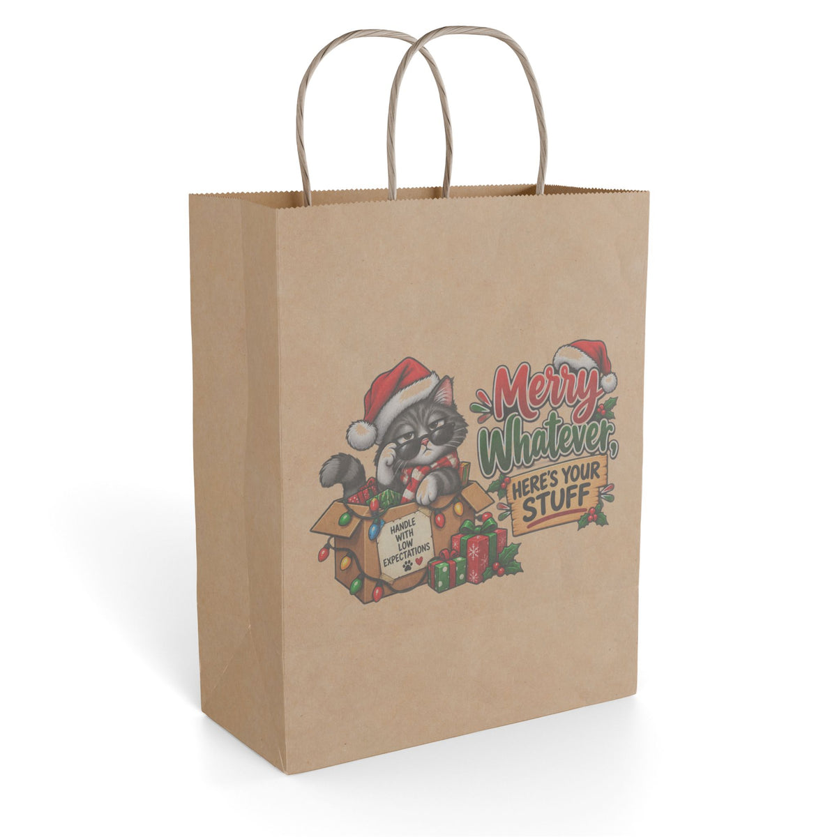 "Merry Whatever, Here’s Your Stuff" Gift Bag — 8'' x 10.25", Kraft, Paper | The ClawMark Store