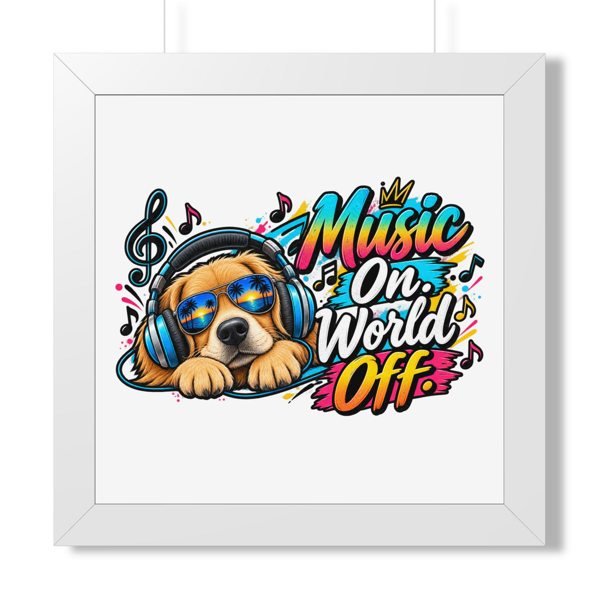 Music On, World Off Framed Poster — Dog with Headphones Wall Art — White, 16″ x 16″ | The ClawMark Store