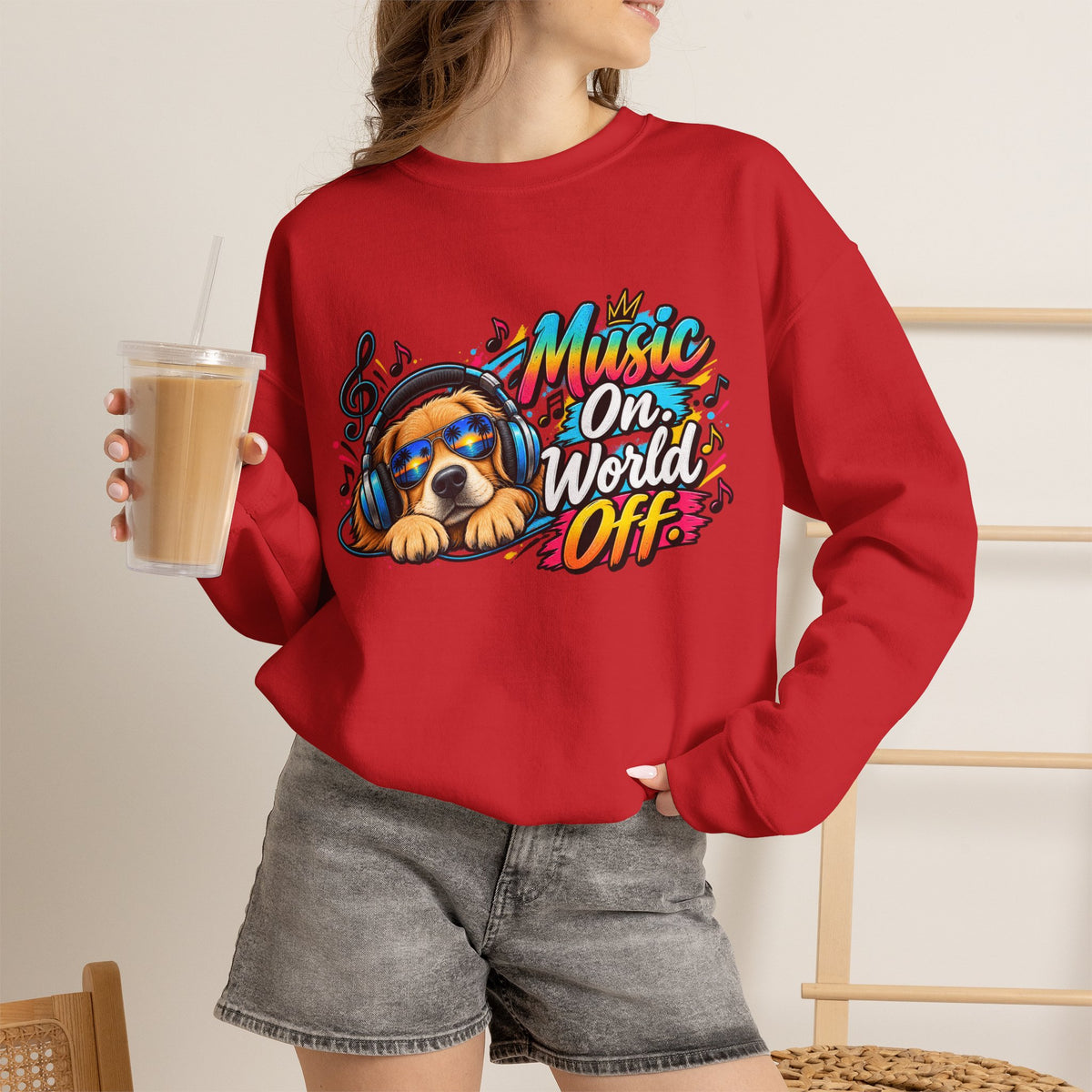 Music On, World Off — Sweatshirt — S, Red | The ClawMark Store