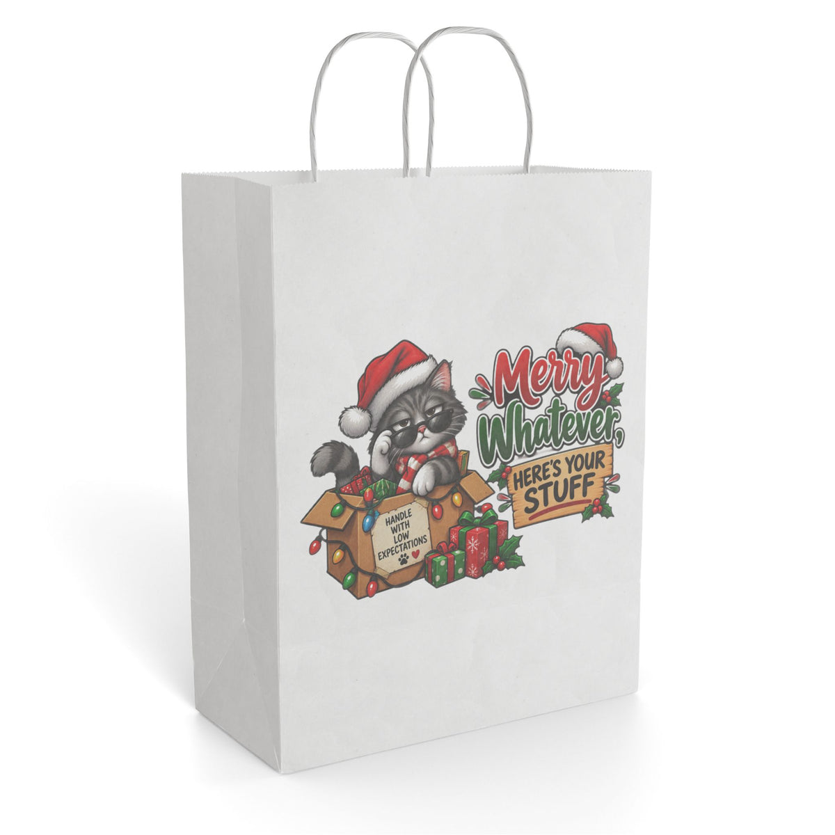 "Merry Whatever, Here’s Your Stuff" Gift Bag — 10'' x 13", White, Paper | The ClawMark Store